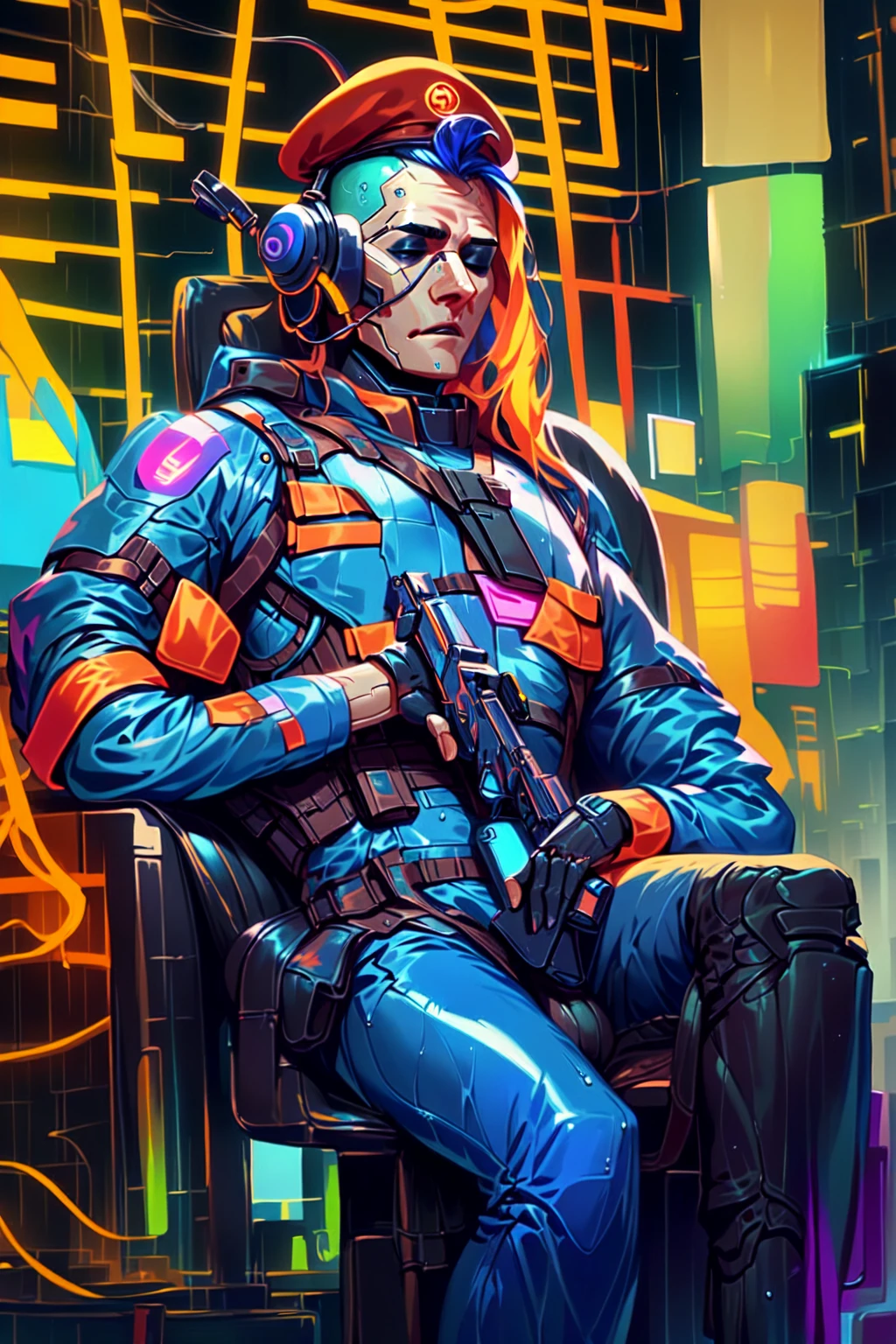  man sitting in a chair with a beer , bald , cyberpunk bar, interior, relaxing after a hard day, man in his 40s, score_9, score_8_up, score_7_up, best quality, fusilier:1.2, masterpiece, cyberpunk man,    blue military satchel beret, dark eyeshadow, blue armour, panoceania,  , military insignias, stripes,  , headset, blue and gray power armour, black bodysuit, assault rifle, on a cyberpunk street at night, neon signs, american city, heavy rain, wet, wet hair, wet skin, wet clothes, bokeh, vibrant, surreal colours, High Definition HD, High Detail, Perfect Composition, mythp0rt