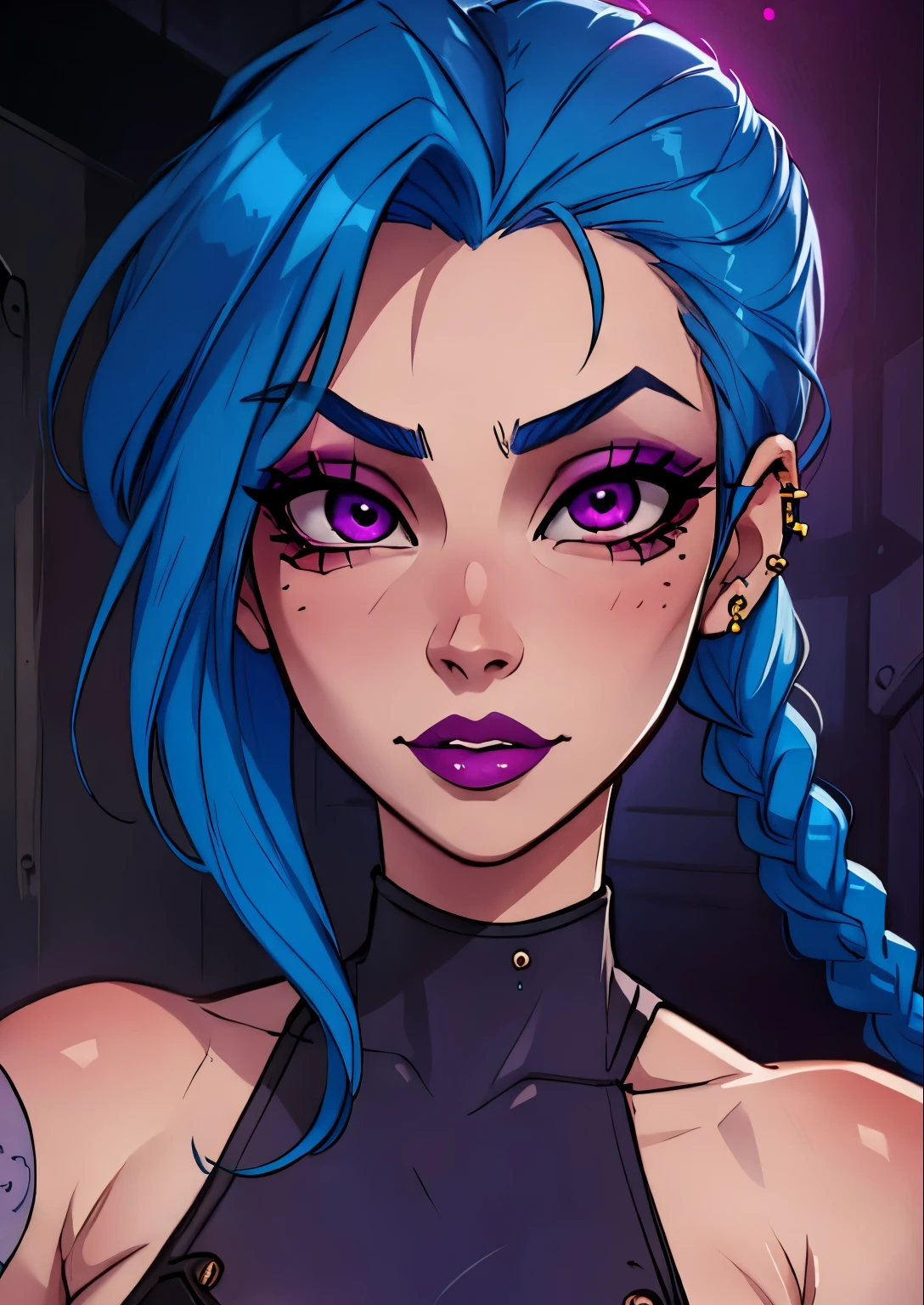 malsterpiece, best quality, 1female, beautiful, face portrait, deep makeup, lipstick, 1girl, blue hair, woman, braids, purple eyes, piercings, jinx