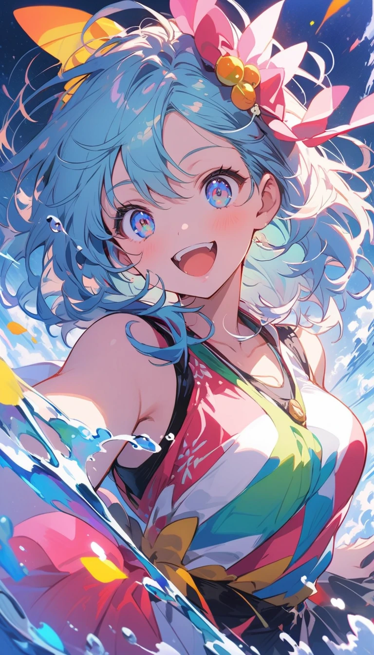 (((naked、Showing nipples)))、Holographic hair and frilly swimsuit、Tropical blue sea and sky、Busty kindergartener、Huge 、highest quality, masterpiece, Highest quality, High resolution, 8k, 超A high resolution, (Photorealistic:1.4), Put your arms behind your back, Hide your arms behind your back,Dance with your hands wide open