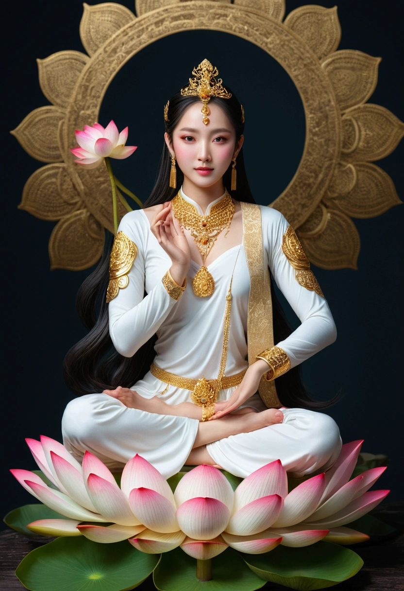 masterpiece, ultra high resolution, A beautiful goddess holding a lotus flower ,Hand palm up， open your eyes ，Look at the audience,crown,Jewelry璎珞挂满身体，choker necklace,Yingluo,Jewelry,White clothes,There is a circular light in the background of the head,Blue sky,  flat background , clean picture , pure blue sky,Very high detail,Perfect goddess, golden light shines above her head ,Light Solutionalestic, professional photography ， ultra high resolution，  best quality ， Light Solution， 8K， （Realism： 1.2）， Satisfied Female Bodhisattva （Halo：1.2），Gold headdress，，masterpiece， best quality ， intricate detail ，3D light ，magic， God of Light ， Detailed Specifications，Depth of Field，high，Concept Art，Smoothness，Clarify the focus，high详细的艺术，cinematic ligh，8K，（ Highly Detailed Art ：1.2）  Woman sitting on a lotus flower holding a lotus flower in her hand, （（ pink lotus ）），