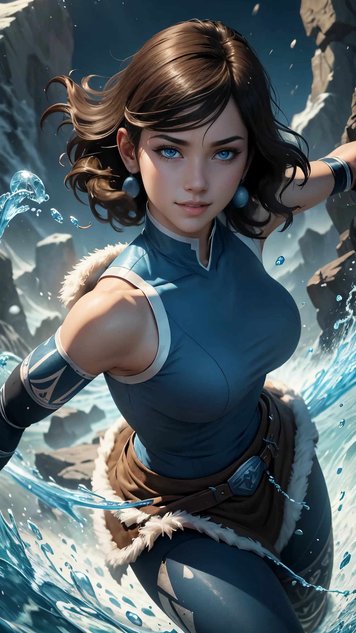 Korra da avatar,(best quality, 4K,8k,high resolution,work of art:1.2)(weather: snowing), tundra background, water tribe, wide hips, short curly hair, brown hair, freckles, sleeveless top, fur belt, leggings, fur boots, elbow long gloves, earrings, light makeup, dark eyeshadow, blush, combat pose, glowing tattoos, ultra detailed,portrait,realistic,beautiful detailed blue eyes, beautiful detailed lips,extremely detailed eye and face, long eyelashes,average, large breasts,flying hair,beaming smile, sexy smile, powerful girl, bright coloured, dramatic lighting, water bending,