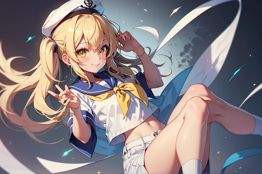 Twin-tailed golden-haired girl in sailor suit, Visible navel, Wear a hat and pants.a drawing of an anime character, clean line drawings, ultra cute girl, ultra cute face, ultra detailed eyes, ultra detailed hair, ultra cute, ultra beautiful, ((high end)), (UHD picture), (best quality,4k,8k,highres,masterpiece:1.2), top-quality(​masterpiece), top-quality, ultra-detailed, highly detailed texture, intricate details, high quality textures, masterpiece, best quality, perfect quality, perfect anatomy, perfect body, perfect symmetrical face, perfect hands, perfect feet, (two arms:1.2), (two legs:1.2), (five fingers each:1.2), (perfect joint:1.2), perfect joint movement, precise fingers and hands, 1 beautiful girl, 1 girl, alone, solo, , , ((())), ((ish)), (Best Quality, hight resolution), extremely detailed and lifelike, Vibrant colors, simple background, white socks, blonde hair, hat, blue sailor collar, twintails, sailor collar, sailor hat, yellow eyes, marine costume, short sleeves, shirt, blue neckerchief, white headwear, sailor, white shirt, white shorts, neckerchief, smile, Chiyuri