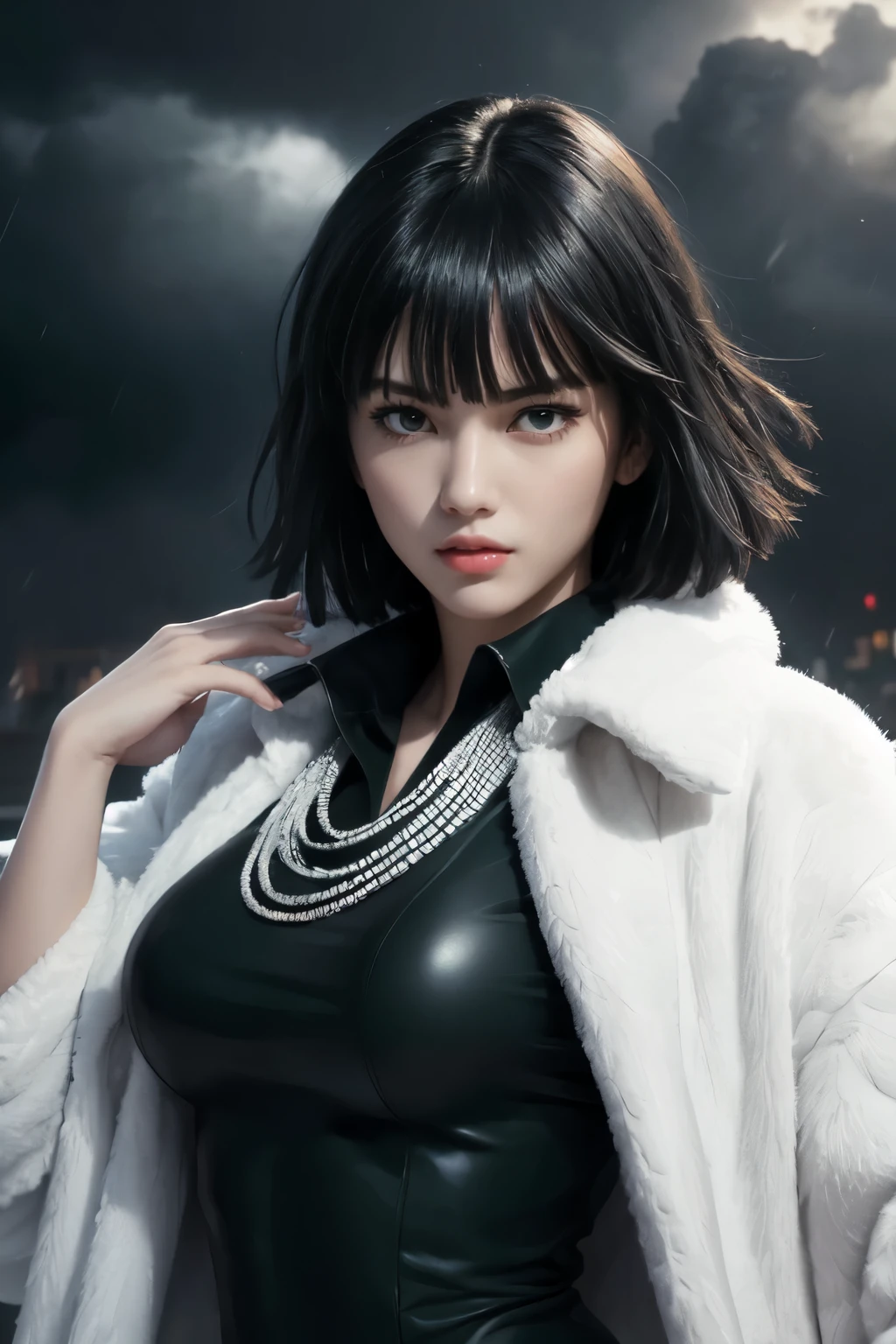 FUBUKI, (BLACK HAIR), Straight hair, TAUT CLOTHES, FUR COAT, JEWELRY, NECKLACE, long face, short hair, straight hair, (photorealistic:1.2), (masterpiece), best quality, (detailed face:1.4), raw photo, ultra realistic 8k, perfect artwork, (background violent tornado and storm :1.2),BREAK, photography,masterpiece,best quality,HDR,highres,realistic details,8K,HDR,highres,absurdres,1girl fly in the air, fubuki,expressionless, tiny breasts,masterpiece,ultra realistic,32k,extremely detailed CG unity 8k wallpaper, best quality