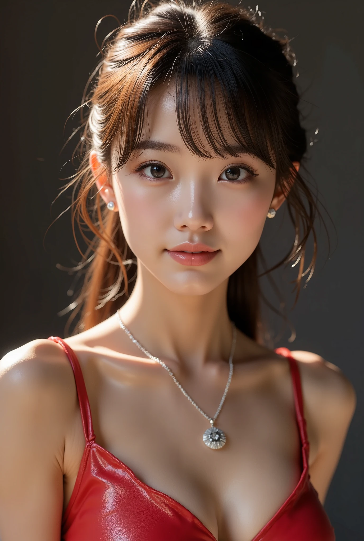 (Surreal:1.5,,  Super Resolution: 1.30),  Professional Photo,  depth of written boundary , Cinematic Light,  ray tracing, (high definition beautiful face , Highly detailed beautiful lips,  highly detailed eyes), (( very detailed skin )) Deep Shadow,  Cute Japanese Female Idol , ((1 woman, 20 years old:1.10)),  The Woman in the Center of the Image 、(Very slim body:1.3), (( watch the audience)), (Oily skin:2.0),   glowing skin  、(Big Eyes), (Brown Hair), (( ponytail)), (( Shiny Tight Mini Dress :1.3)), ((Warm Rubber Material  )), ( Deep V Neck Tight Mini Dress :1.3),(( Very Tight Mini Dress with Thin Material ), Beautiful breasts, (Clevis:1.2), (bare shoulders), Very slim, F cup breasts, (There is no one in the background:1.3),  Diamond Earrings ,  Diamond Necklaces , Lip gloss,  High Details of Beautiful Lashes ,  Very Tight Mini Dress made with thin material {x} Beautiful double eyelids made with great detail、 Extremely Detailed Beautiful Clear Eyes , ( anatomically accurate ), Beautiful Hands, Beautiful fingers, Detailed functions of the fingers, Detailed characteristics of hair,  detailed facial features, Detailed features of the costume、 perfect bodies 、(bare hands、barefoot、)、Full body photo, ( Full Body Focus ;1.5), 