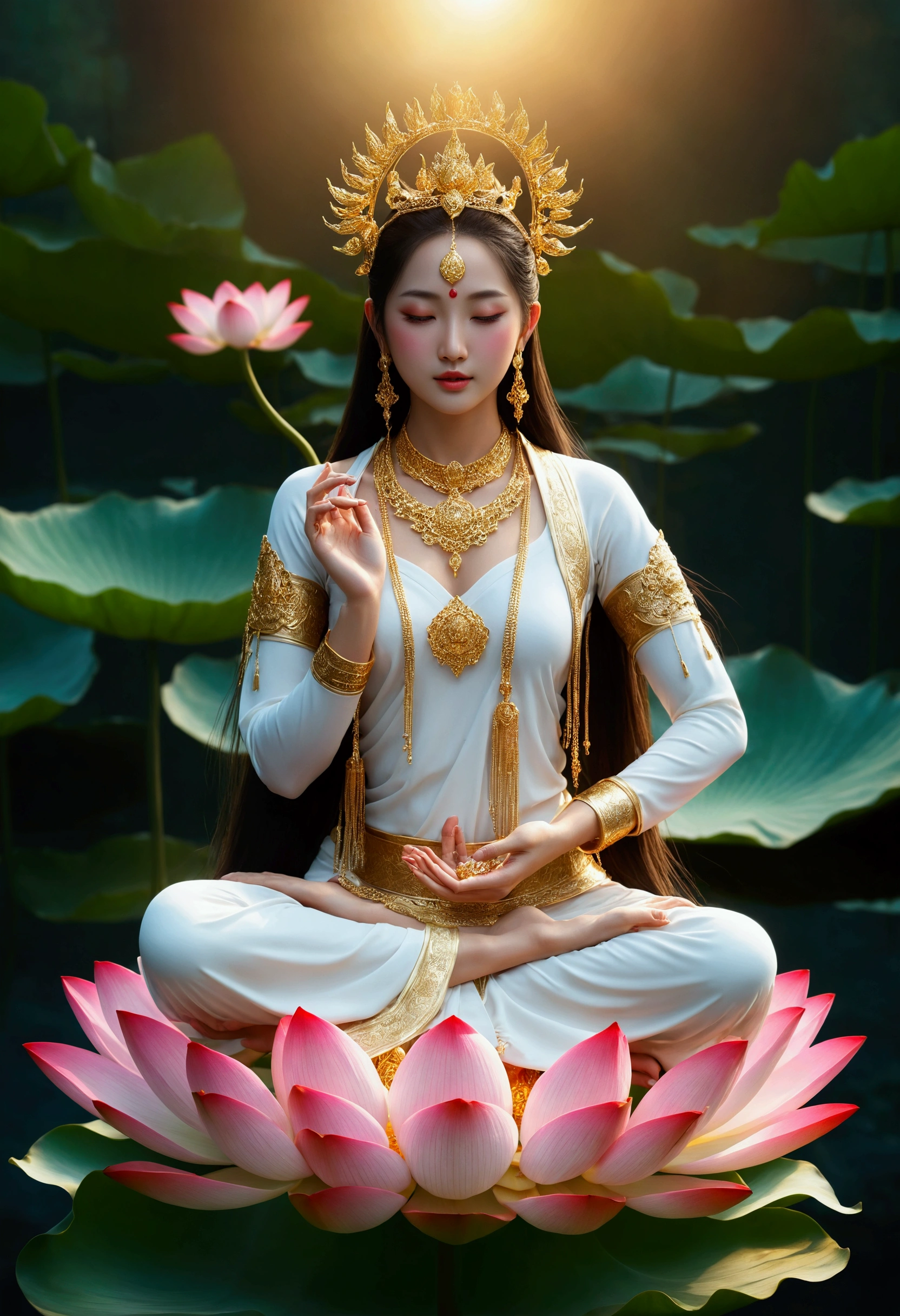 masterpiece, ultra high resolution, A beautiful goddess holding a lotus flower ,Hand palm up， open your eyes ，Look at the audience,crown,Jewelry璎珞挂满身体，choker necklace,Yingluo,Jewelry,White clothes,There is a circular light in the background of the head,Blue sky,  flat background , clean picture , pure blue sky,Very high detail,Perfect goddess, golden light shines above her head ,Light Solutionalestic, professional photography ， ultra high resolution，  best quality ， Light Solution， 8K， （Realism： 1.2）， Satisfied Female Bodhisattva （Halo：1.2），Gold headdress，，masterpiece， best quality ， intricate detail ，3D light ，magic， God of Light ， Detailed Specifications，Depth of Field，high，Concept Art，Smoothness，Clarify the focus，high详细的艺术，cinematic ligh，8K，（ very detailed background ：1.2）  Woman sitting on a lotus flower holding a lotus flower in her hand, （（ pink lotus ）），