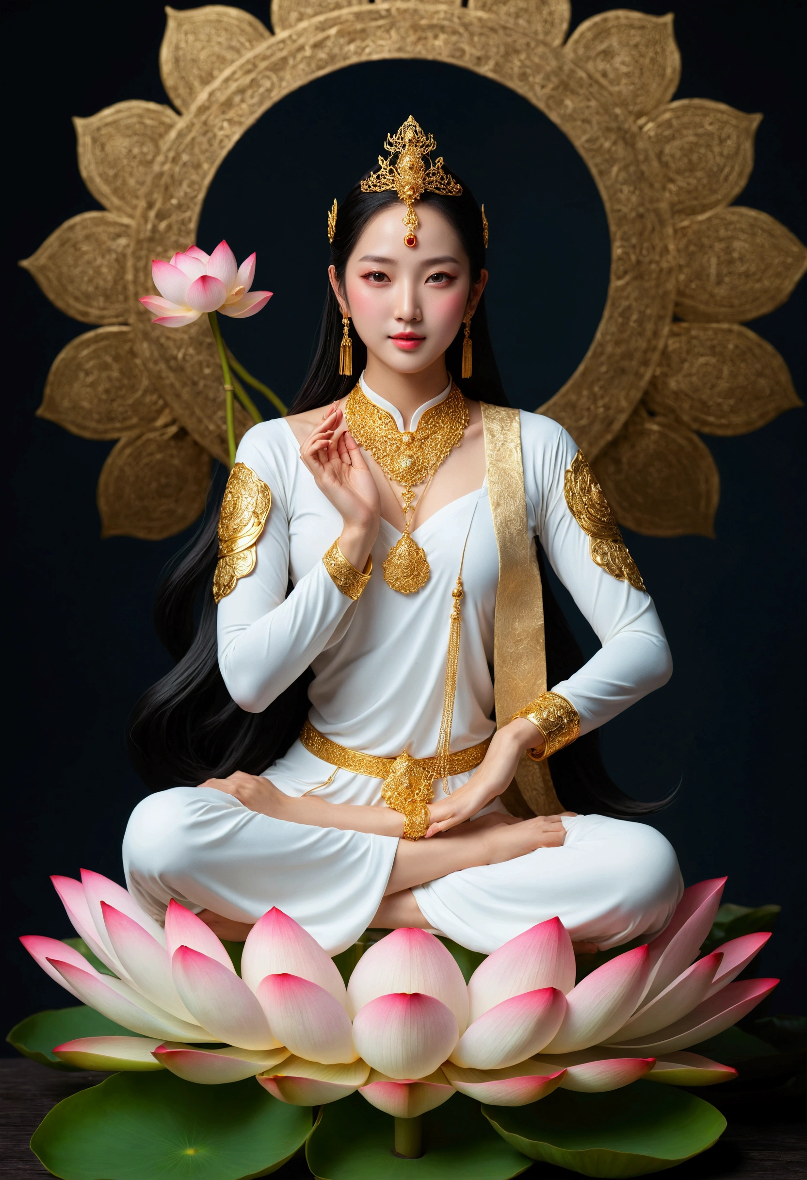 masterpiece, ultra high resolution, A beautiful goddess holding a lotus flower ,Hand palm up， open your eyes ，Look at the audience,crown,Jewelry璎珞挂满身体，choker necklace,Yingluo,Jewelry,White clothes,There is a circular light in the background of the head,Blue sky,  flat background , clean picture , pure blue sky,Very high detail,Perfect goddess, golden light shines above her head ,Light Solutionalestic, professional photography ， ultra high resolution，  best quality ， Light Solution， 8K， （Realism： 1.2）， Satisfied Female Bodhisattva （Halo：1.2），Gold headdress，，masterpiece， best quality ， intricate detail ，3D light ，magic， God of Light ， Detailed Specifications，Depth of Field，high，Concept Art，Smoothness，Clarify the focus，high详细的艺术，cinematic ligh，8K，（ Highly Detailed Art ：1.2）  Woman sitting on a lotus flower holding a lotus flower in her hand, （（ pink lotus ）），