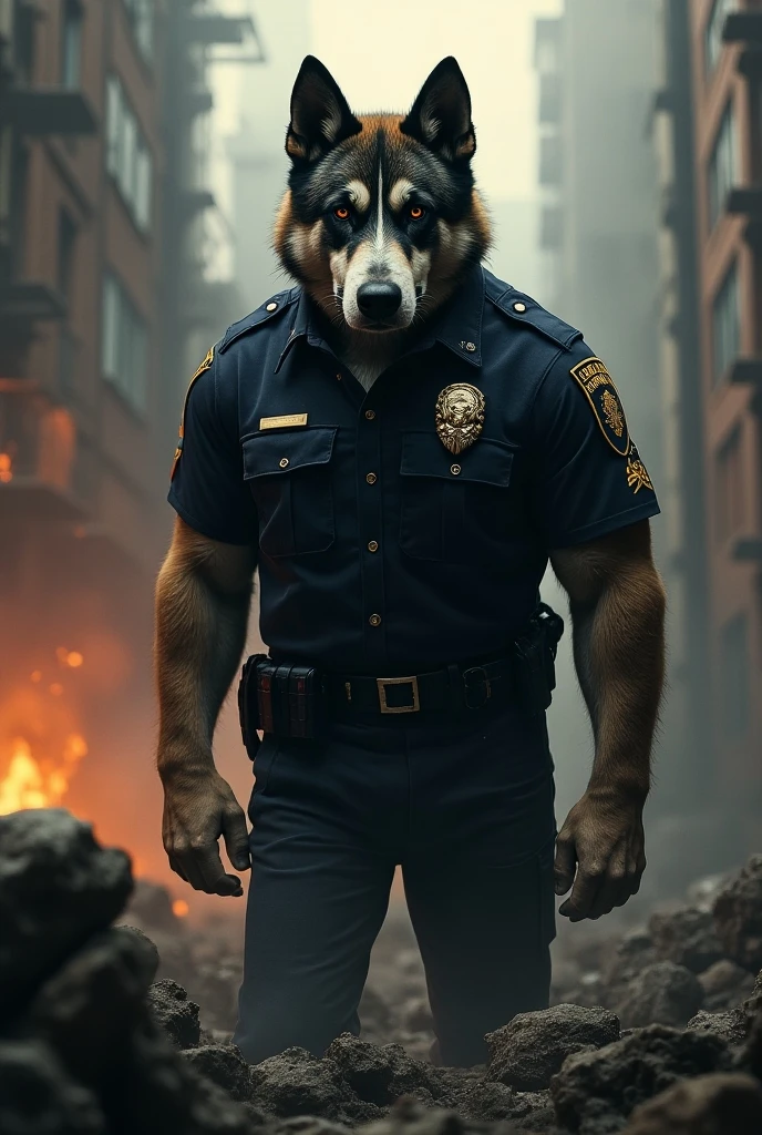 A muscular dog in police uniform in dangerous background