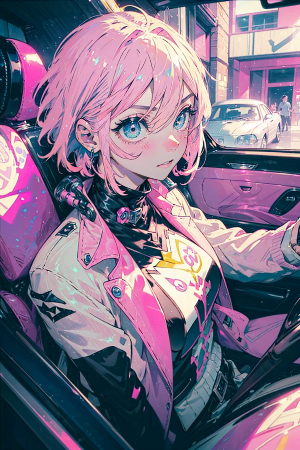 1girl,solo,cool,(((pink short hair,blue eyes))),racer,uniform,
in car,classic car,luxury car,super car,driving,luxury leather sheet,hold a handle,