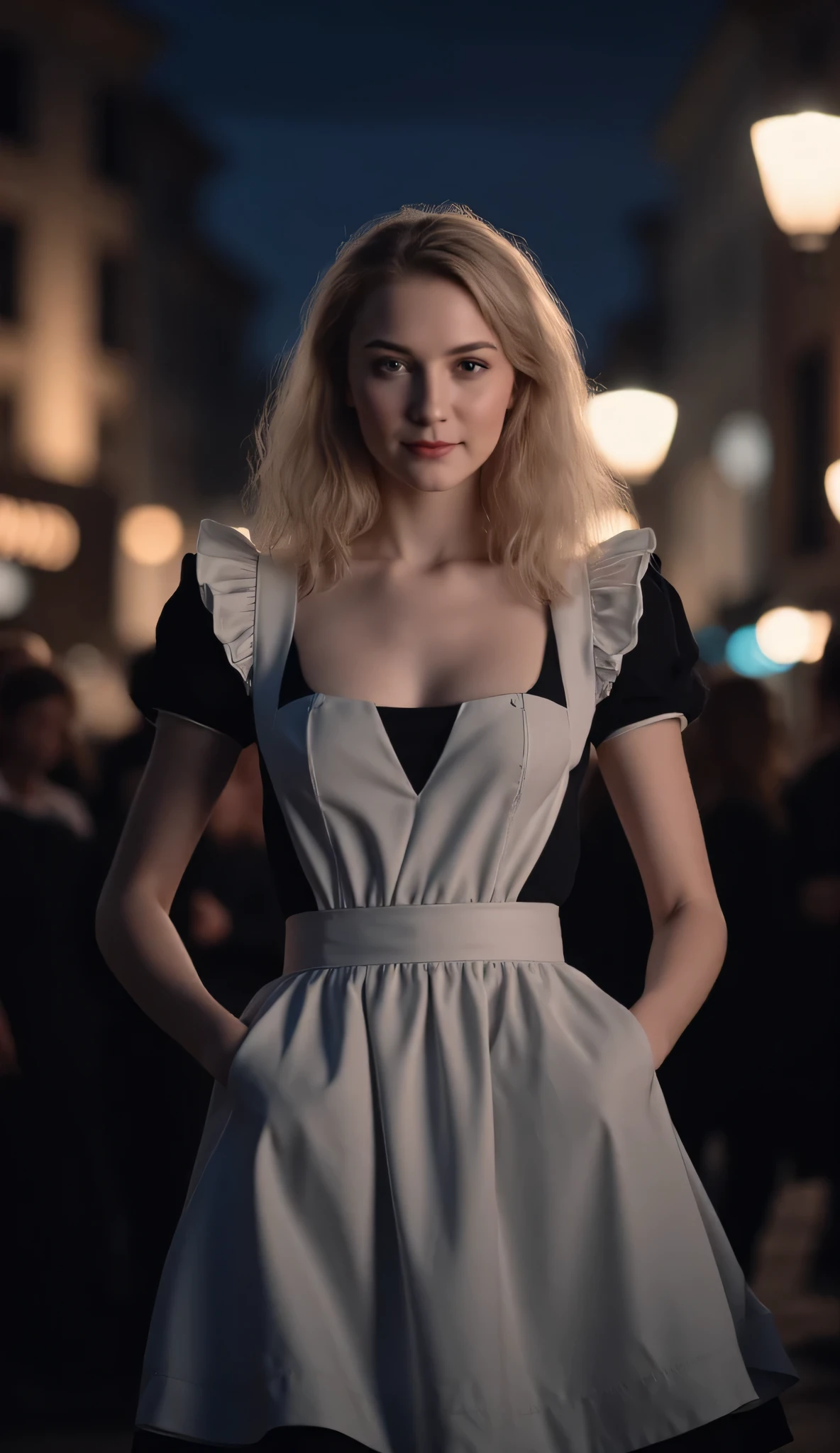 masterpiece, highest quality, 8k high quality photo, cinematic lighting, deep shadow, 1girl, wearing maid dress, gorgeous face, fearless smile, smooth soft parl skin, light-blown medium wavy hair, looking into camera, (standing on european street), model posing, front view,((cowboy shot)), (maid costum:1.2), at late night, ((night:1.5)) 