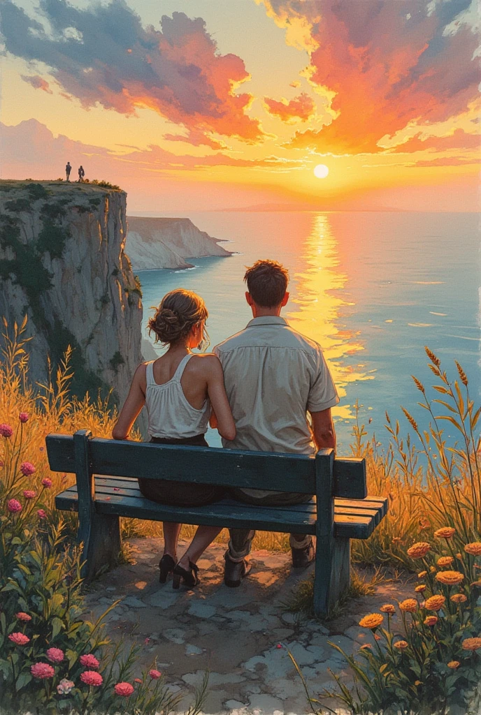  watercolor sketch of a couple in 1950's style clothing sitting on a bench looking at the eveneing sunset from a cliff with tall grasses and flowers --chaos 8 --ar 6:9 --ar 2:3 -- v6.1 
