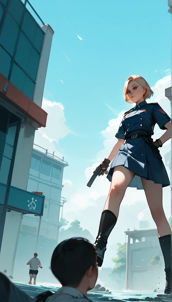 Anime Women, uniform, raised leg, Stomping on abdomen, looking down, head out of frame, Point of View Shot, solo focus