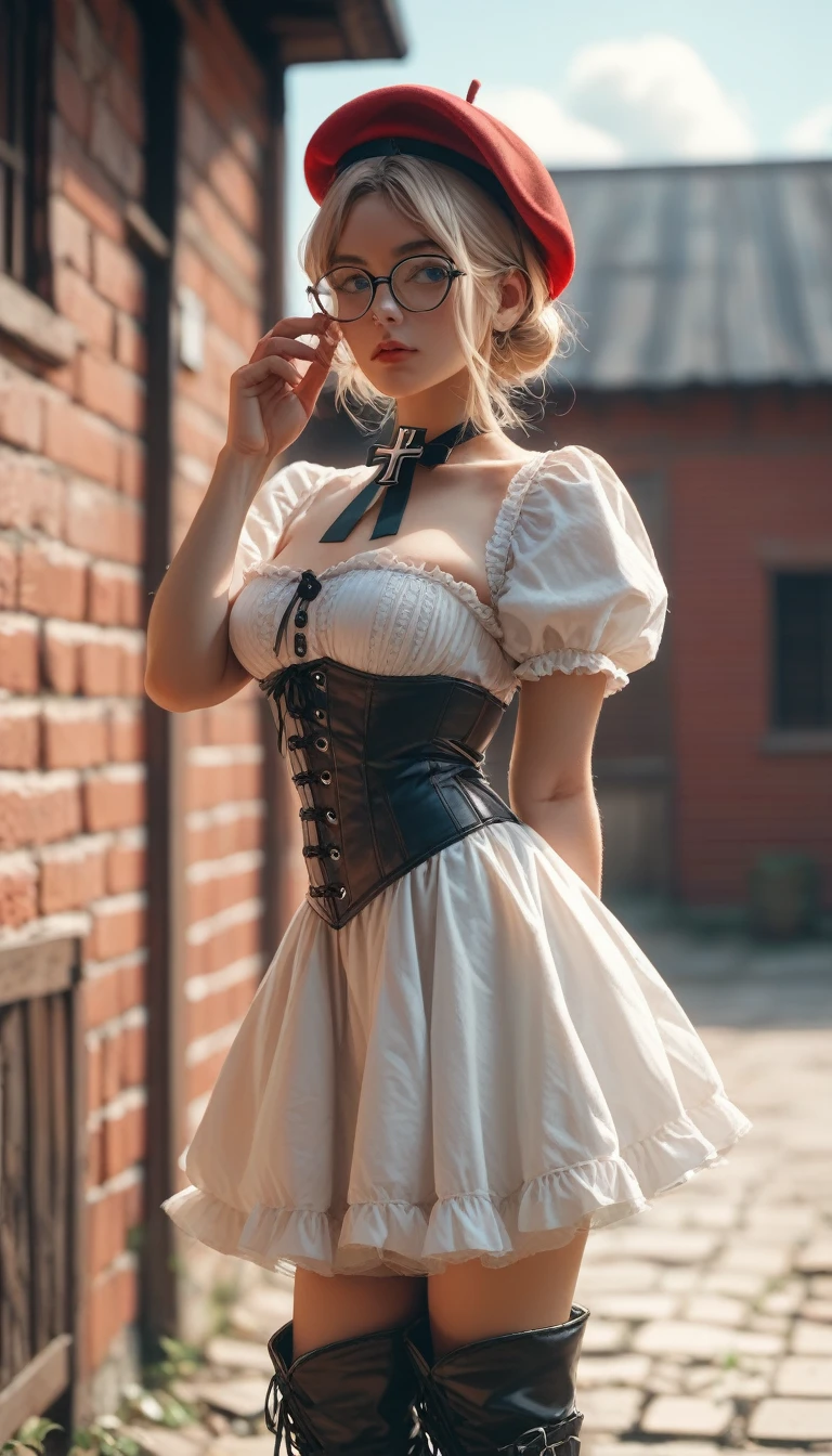 (high resolution,,portrait)（Red Brick Warehouse）1girl(( little female ) （Glasses,onyx cross Pierce）（Beret、 Cotton Country Dress、Corset skirt、Shoot boots））