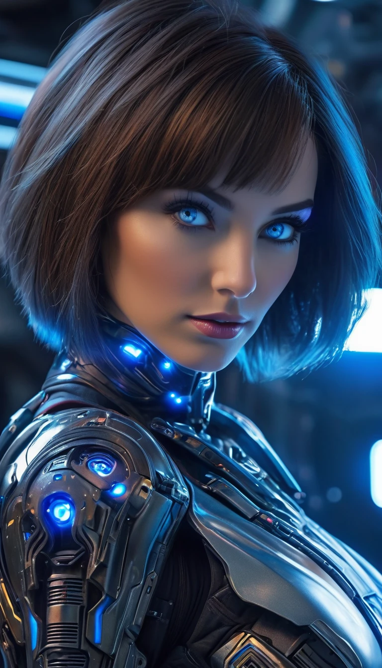 (Best Quality, 4K, 8k,   High Resolution  , masterpiece: 1.2), (   very detailed, Realistic, Realistic:1.37),  Woman in futuristic costume ,  Woman Wearing Exoskeleton Cyber Armor ,  Women in Bodycon Armor     、((   SHE HAS A PLASMA GUN IN HAND   )), Full body images, Maximum details,    Superior quality through accurate drawings, 8k,Chest, blue eyes,   High Resolution  , 超  High Resolution  , Best Quality,  (((Bob Cut Shorthair ))),Bob Hair, Big Chest,  Cinematic lighting effects  , Beautiful dark-haired woman, blue eyes,  Women in Cyber Style  , ((Advanced spacecraft interior)), High quality images,