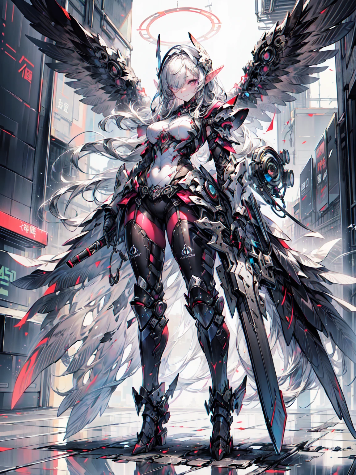 ((4K,masterpiece,Best Quality)), Maxi Kit, 1 girl dressed modestly, Alone, whole body, Wide Shot,  Standing Wearing White Boots, owl wings 、Gray Hair, Long Hair, Elf Ears, Valkyrie, armor, Angel, breastplate, Side bangs, From before, Too big, night, mountain,  watch the audience,  Dynamic Pose , Art Style：come back, Kawasaki, 、Blake、非常にdetailed (Dark Elf), (1 girl), Alone,  perfect face, detailed, Ahoge, ((Long Hair:1.2)), ( hair above one eye:1.3), [[Messy Hair]], 光沢のある金髪のGray Hair,  purple eyes, Spotted Eyes, Colorful Hair, Sparkling Eyes, Bright Eyes, Face Shape, (eyelash,  eyeshadow, pink  eyeshadow), smile, Design Art：Haruhiko Mikimoto, Kawasaki,  Amano Kikosaku  , break、 (( Perfect Anatomy)), Beautiful body, Big Breasts