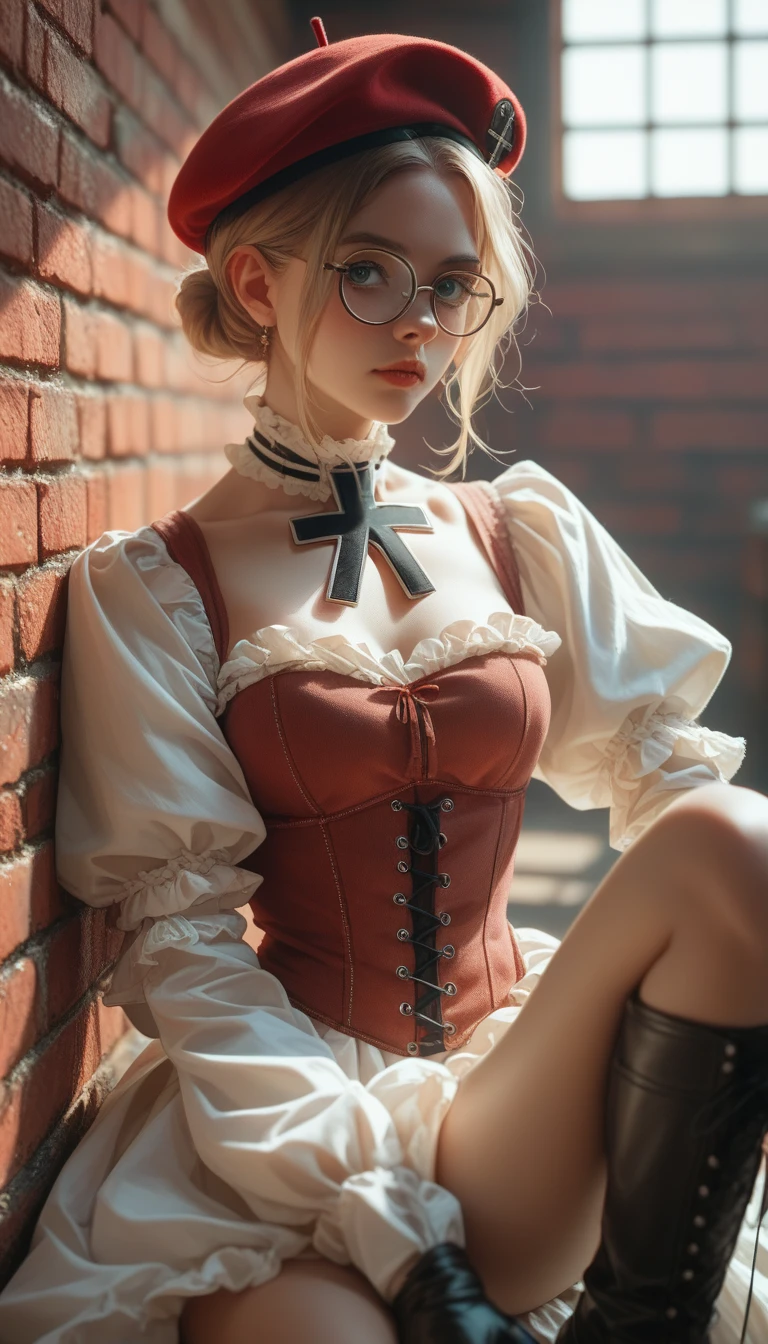 (high resolution,,portrait)（Red Brick Warehouse）1girl(( little female ) （Glasses,onyx cross Pierce）（Beret、 Cotton Country Dress、Corset Volpa 、Shoot boots））