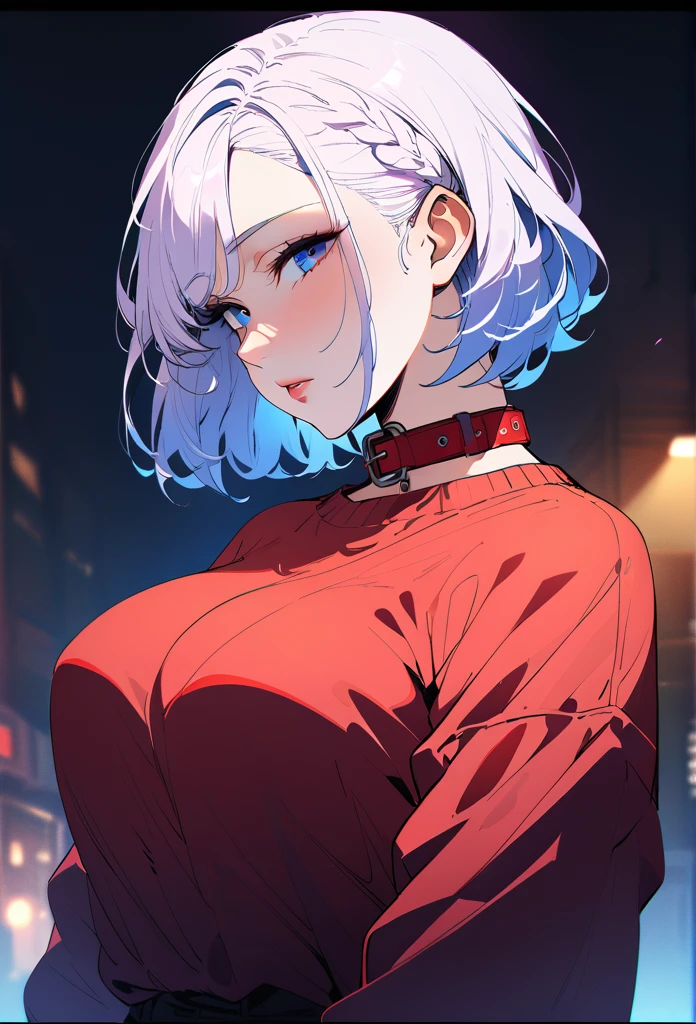 (best quality, 8k, 32 mil, masterpiece, Ultra HD:1.2),Pictures of Beautiful Japanese Women , Large breasts,  Chanel Super Short Hair Style, upper body ,(oversized_sweater,:1.1) collar, simple background, Look around