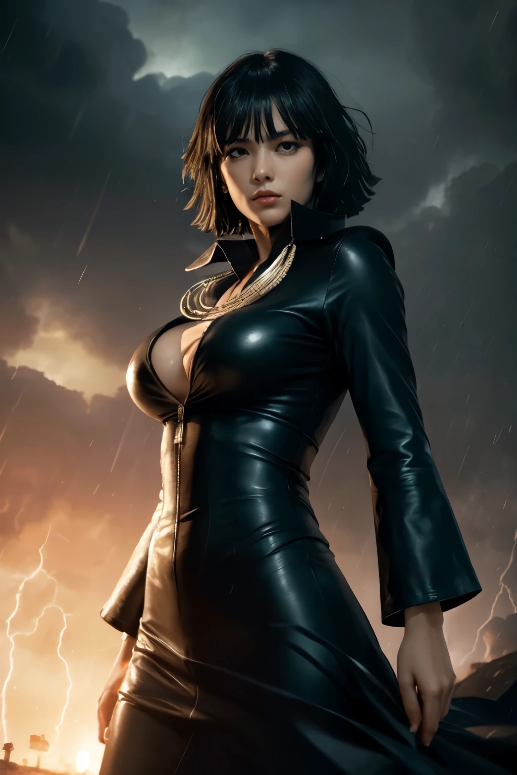 FUBUKI, (BLACK HAIR), Straight hair, STRICT CLOTHES, ((FUR COAT)), JEWELRY, NECKLACE, long face, short hair, straight hair, (photorealistic:1.2), (masterpiece), best quality, (face detail:1.4), raw photo, 8k ultra realistic, perfect artwork, ((violent tornado and storm background :1.2)),BREAK, photography,masterpiece, best quality,HDR,high resolution,realistic details,8K,HDR,high resolution,absurd,1girl flying in the air, fubuki,expressionless, (big breasts),masterpiece,ultra realistic,32k,highly detailed 8k unity CG wallpaper, best quality