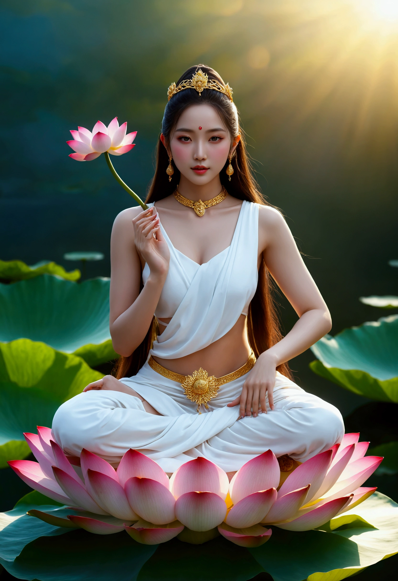 masterpiece, ultra high resolution, A beautiful goddess holding a lotus flower ,Hand palm up， open your eyes ，Look at the audience,crown,Jewelry璎珞挂满身体，choker necklace,Yingluo,Jewelry,White clothes,There is a circular light in the background of the head,Blue sky,  flat background , clean picture , pure blue sky,Very high detail,Perfect goddess, golden light shines above her head ,Light Solutionalestic, professional photography ， ultra high resolution，  best quality ， Light Solution， 8K， （Realism： 1.2）， Satisfied Female Bodhisattva （Halo：1.2），Gold headdress，，masterpiece， best quality ， intricate detail ，3D light ，magic， God of Light ， Detailed Specifications，Depth of Field，high，Concept Art，Smoothness，Clarify the focus，high详细的艺术，cinematic ligh，8K，（ very detailed background ：1.2）  Woman sitting on a lotus flower holding a lotus flower in her hand, （（ pink lotus ）），