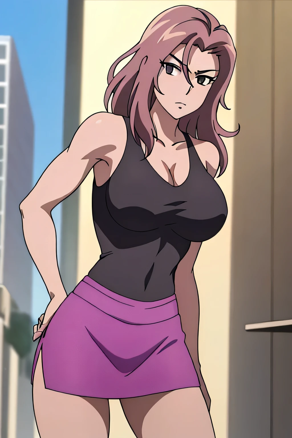 masterpiece, Best Quality,  High Resolution , 1woman, Close-up of a woman with long purple hair, Brown eyed woman, Alone, Classic Women, Big Breasts,  Woman with Very Large Breasts , Made by Anime Artist Studio, Boobs, clothing: black tank top, collarbone, Women Romance, Anime Style, Muscular Woman,  Skin Tight Tank Top , Feminine and muscular, Attractive anime woman, Tall Woman, Adult sex appeal, Wearing a tight skirt, Anime dick!!!!, tanktop with an black, Bare shoulders, Bare Arms,  cowboy shot, looking at viewer, Female focus,
