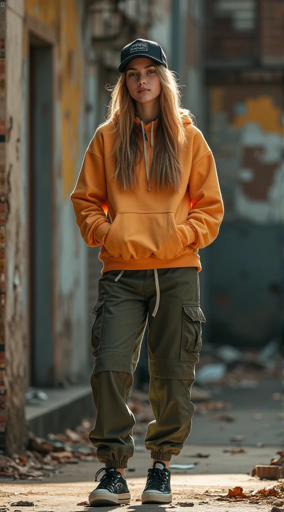 A beautiful young woman with an urban style leaning against a worn brick wall on a hot summer morning. She is dressed in an oversized hoodie, cargo pants, sneakers and a cap. The setting is an abandoned industrial area where youth gather. The lighting is intense from the summer sun emphasizing the colors of her outfit. The camera uses a medium shot with a 35mm lens, focusing on the young woman's rebellious and carefree attitude and the urban style. High resolution 4K image, with bokeh effects in the background to softly blur the surroundings, highlighting the beauty of the young woman.