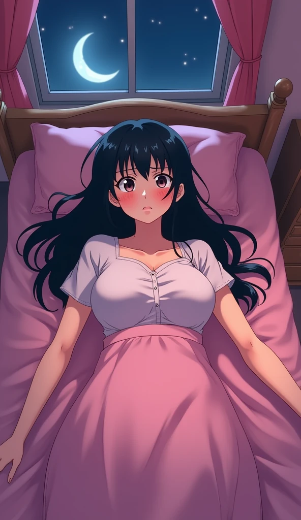 best quality, masterpiece, colorful, beautiful, shinkai makoto, kimi no na wa., 1girl, bangs, black hair, twisted half up, red ribbon, long hair, blush, closed eyes, parted lips, cowboy shot, full body, medium breasts, cleavage, cute, long sleeves pink cardigan, open clothes, yellow shirt, blue pants, arms up, lying, lying on bed, bedsheet, 1boy, missionary sex, nsfw , sex
