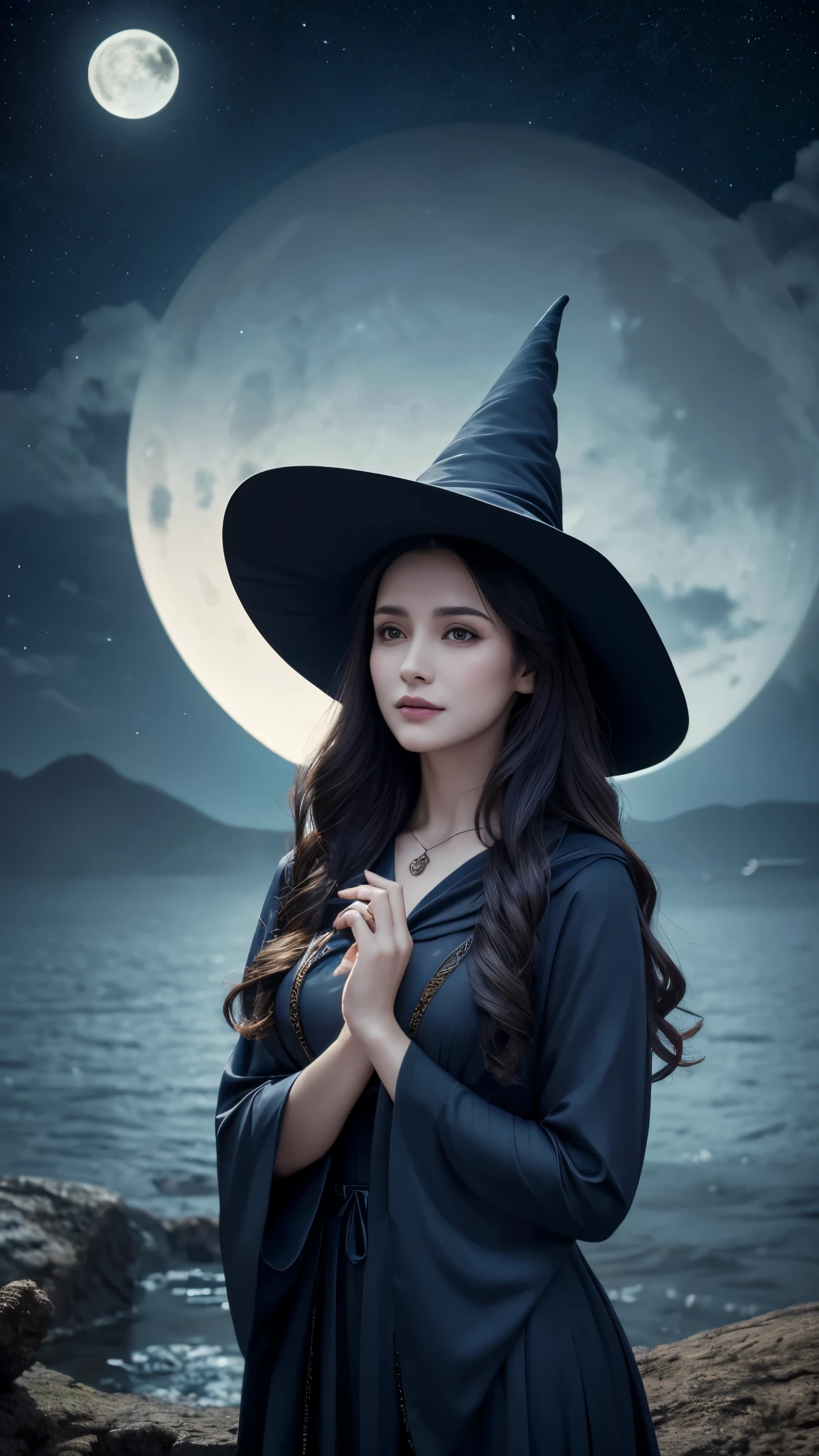 “A realistic depiction of a witch in a dark blue robe and a pointed hat ...