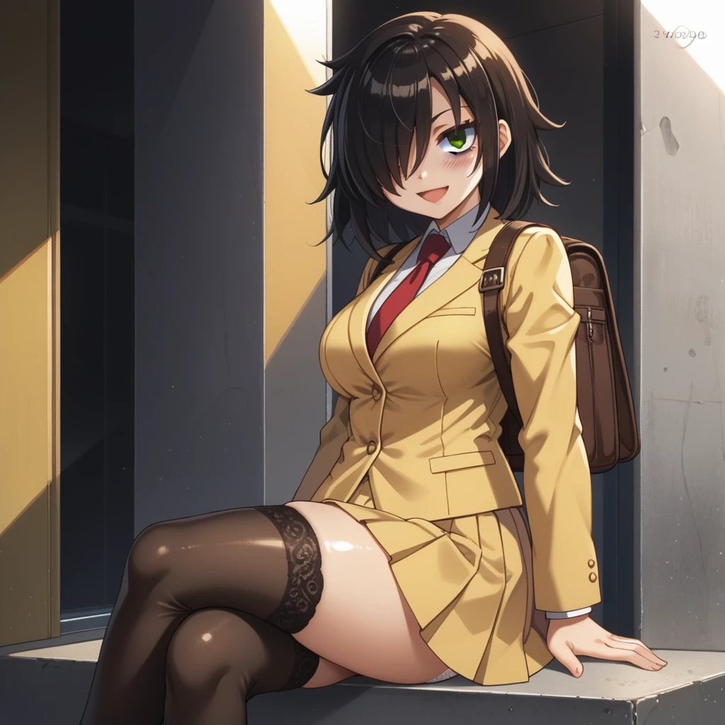 score_9, score_8_up, score_7_up,, solo, source_anime, tomokoxl, bags under eyes, hair over one eye black hair, medium hair, school uniform, red necktie, yellow skirt, short skirt, pleated skirt, yellow jacket, standing, cowboy shot, sitting, crossed legs, thick thighs, shiny skin, focus in crossed legs, underwear, white underwear, shiny underwear, lace underwear, white lace underwear, shiny lace underwear, panties, white panties, shiny panties, only crossed legs pose, sexy crossed legs, perfect crossed legs, sexy legs, big thighs, oiled thighs, oiled legs, smile, open mouth, glowing green eyes, evening time, dark room, breast, big breast, thigh highs, black thigh highs, backpack, leather backpack, brown backpack, focus in crossed legs, focus in legs, blushing, gamuza lace-up shoes, brown gamuza lace-up shoes, oxford shoes, brown oxford shoes,