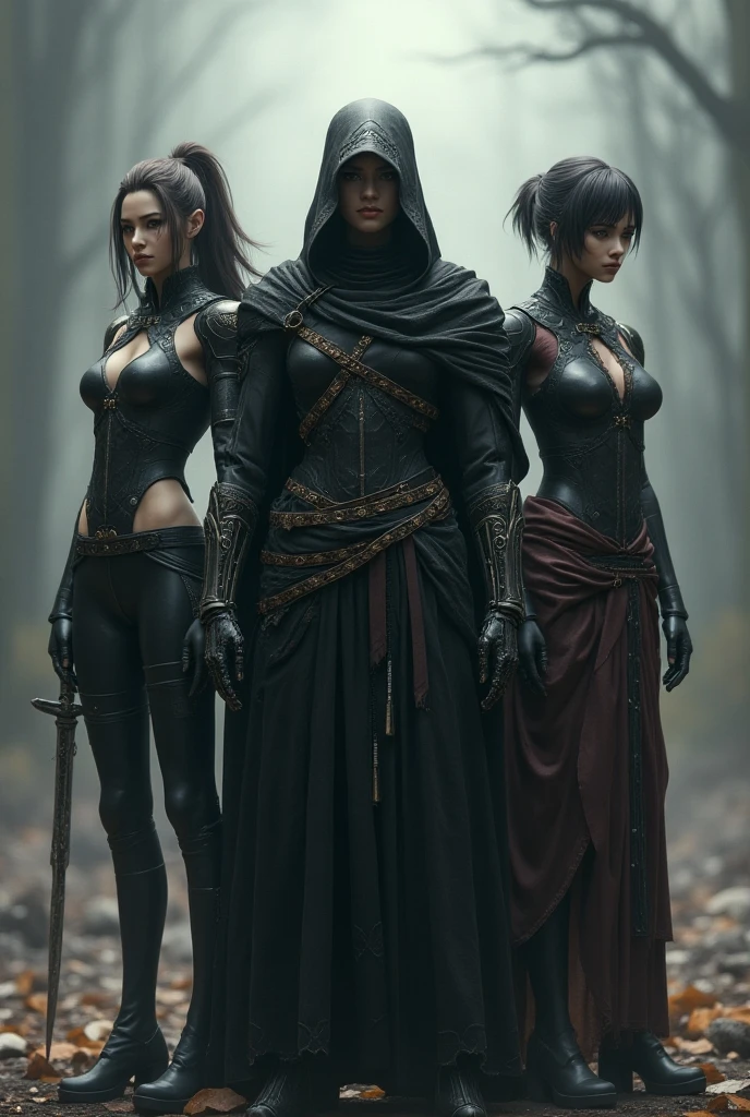 Realistic 3D anime style image of a dark-skinned woman wearing a long black hooded cloak ((covering her head up to her forehead)), ((cape and hood decorated with fine intricate details)), beautiful face, perfect beauty , detailed, symmetrical, two long strands of white hair on each side of the face, ((her blue eyes reflect the light of the stars)),(( beautiful eyes extremely  detailed)), (beautiful lips)( well detailed full lips), perfect body, voluptuous body ,(((large breasts))),(a round silver medallion (with fine intricate details) tied to a silver chain hanging on her chest),(((narrow waist))),(((wide hips))) , (((thick thighs))),(long-sleeved black (neckless) blouse), (qipao collar decorated with fine intricate details), (black gloves with cuffs) (decorated with fine intricate details), (short black skirt with a sash, (in the sash she wears a leather belt from which a silver dagger hangs), long black stockings covering her legs to the middle of her thighs, (black ankle boots with flaps up to the knee), ((decorated with fine intricate details)). walking through a forest of wisteria trees, near a beautiful lake with crystal clear waters on a sunny day ((ground covered in beautiful red flowers)), high quality image,extremely detailed, masterpiece, 8k resolution,