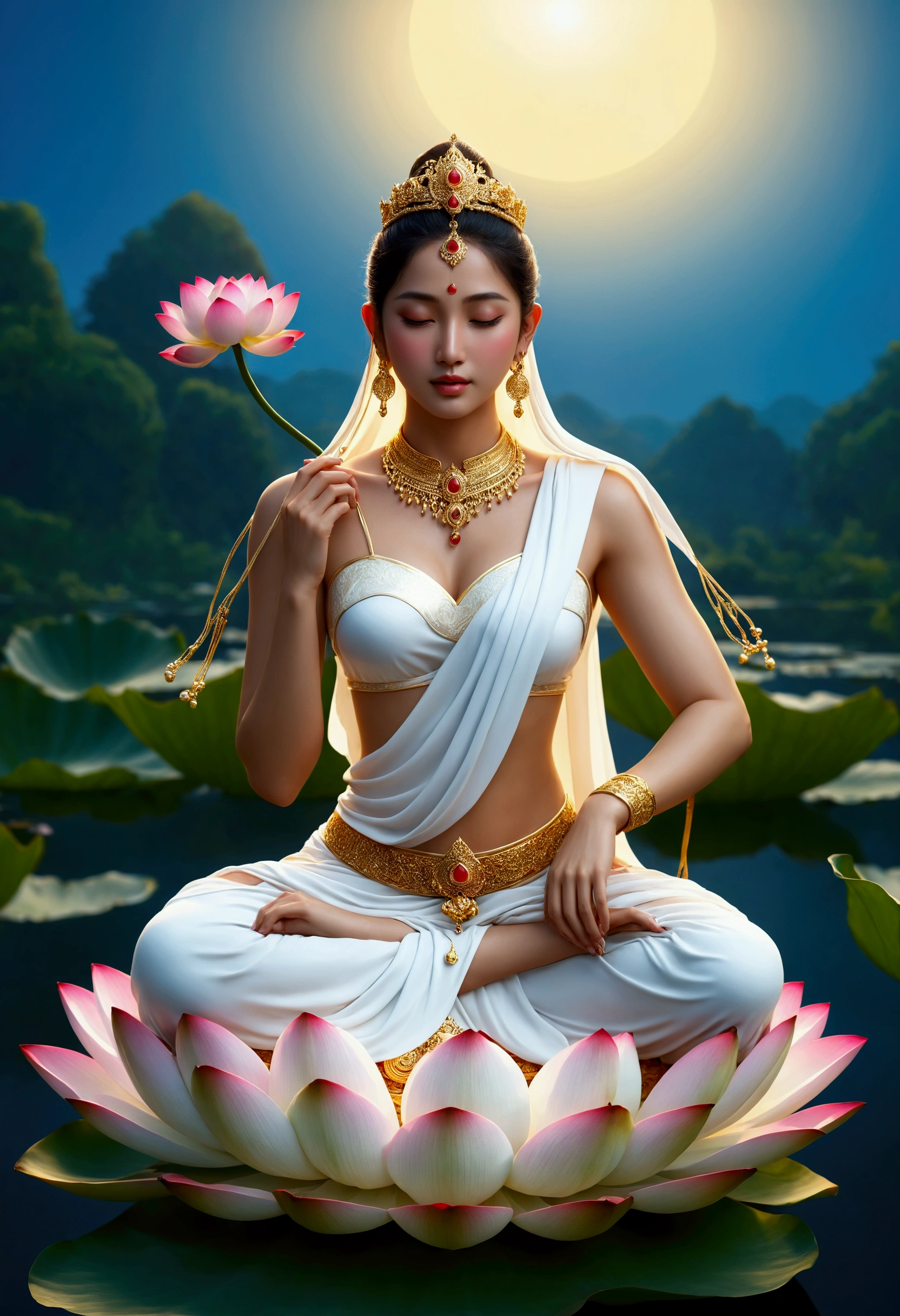 masterpiece, ultra high resolution,Beautiful Indian goddess holding a lotus ,Hand palm up， open your eyes ，Look at the audience,crown,Jewelry璎珞挂满身体，choker necklace,Yingluo,Jewelry,White clothes,There is a circular light in the background of the head,Blue sky,  flat background , clean picture , pure blue sky,Very high detail,Perfect goddess, golden light shines above her head ,Light Solutionalestic, professional photography ， ultra high resolution，  best quality ， Light Solution， 8K， （Realism： 1.2）， Satisfied Female Bodhisattva （Halo：1.2），Gold headdress，，masterpiece， best quality ， intricate detail ，3D light ，magic， God of Light ， Detailed Specifications，Depth of Field，high，Concept Art，Smoothness，Clarify the focus，high详细的艺术，cinematic ligh，8K，（ very detailed background ：1.2）  Woman sitting on a lotus flower holding a lotus flower in her hand, （（ pink lotus ）），