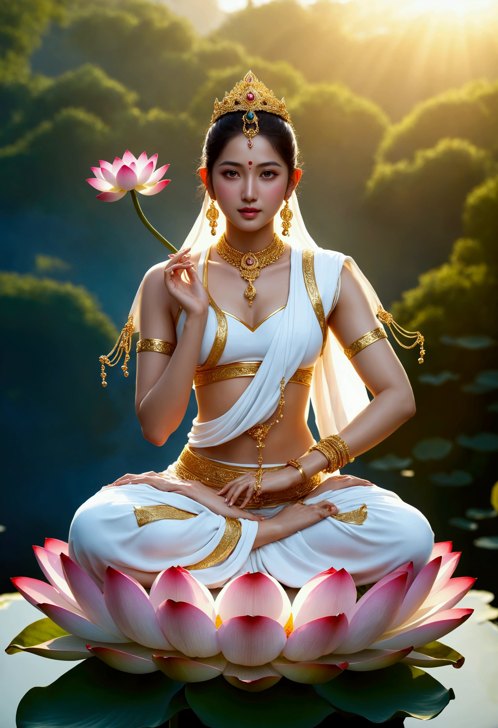 masterpiece, ultra high resolution,Beautiful Indian goddess holding a lotus ,Hand palm up， open your eyes ，Look at the audience,crown,Jewelry璎珞挂满身体，choker necklace,Yingluo,Jewelry,White clothes,There is a circular light in the background of the head,Blue sky,  flat background , clean picture , pure blue sky,Very high detail,Perfect goddess, golden light shines above her head ,Light Solutionalestic, professional photography ， ultra high resolution，  best quality ， Light Solution， 8K， （Realism： 1.2）， Satisfied Female Bodhisattva （Halo：1.2），Gold headdress，，masterpiece， best quality ， intricate detail ，3D light ，magic， God of Light ， Detailed Specifications，Depth of Field，high，Concept Art，Smoothness，Clarify the focus，high详细的艺术，cinematic ligh，8K，（ Highly Detailed Art ：1.2）  Woman sitting on a lotus flower holding a lotus flower in her hand, （（ pink lotus ）），