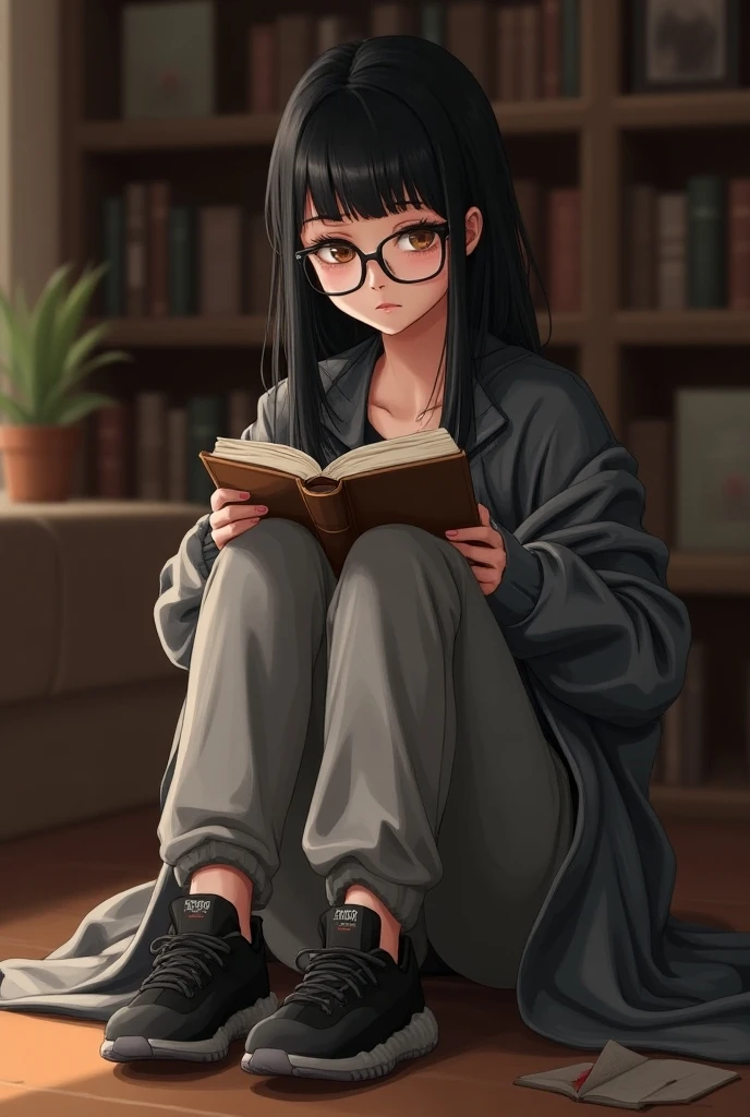 Girl with long curly hair down to her butt parted in the middle wearing round half gold glasses, and a delicate little toy, with a small scar above the lip, It&#39;s a black turtleneck underneath and a white blouse on top, with a black wide leg sock ripped at the knee and black and white vans sneakers