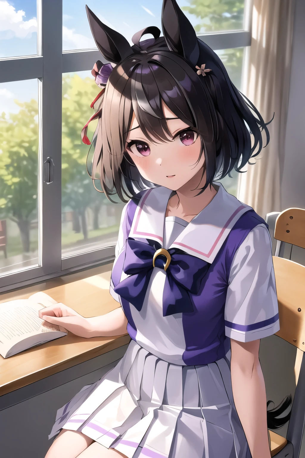 masterpiece, Best Quality,  High Resolution , bbKita-san, Animal ears, short hair, Streaky Hair,  hair accessories, Horse tail, Trace uniform , Sailor collar, Purple Shirt, Sailor shirt, Purple bow tie, Short sleeve, White Skirt,  pleated skirt , White knee-high, Sitting, classroom, machine, table, Study, Writing, Books
