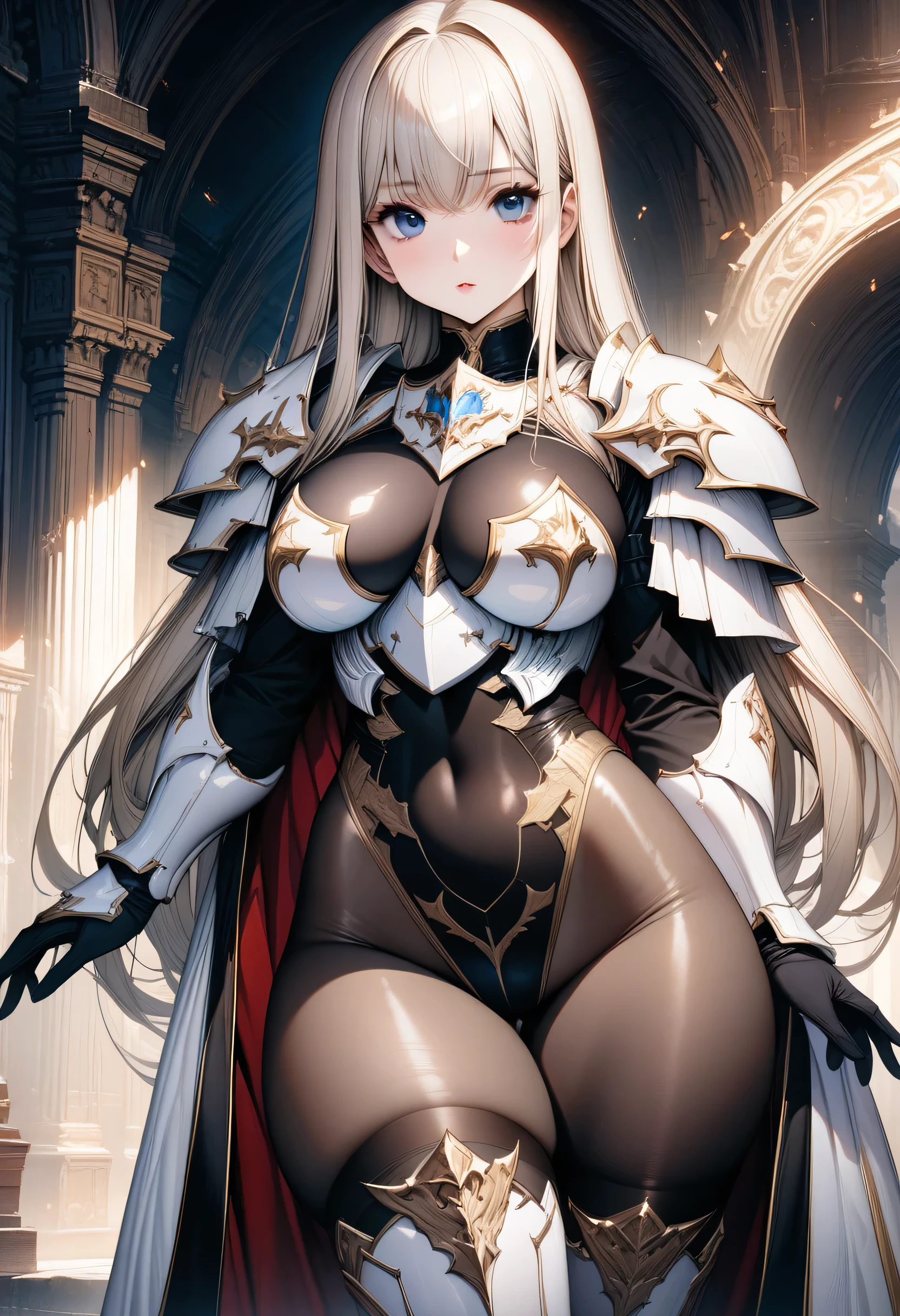 ((masterpiece)),((highest quality)),((8k)),((fantasy art)),(solo),1girl,perfect face,fantasy world,((Royal Guard)),((white Paladin Armor)),((platinum blonde straight hair)), ((Skin-tight black leotard)),((goldwork sculpture pattern leotard)),((curvy large breasts breastplate)),((Ultra high leg inguinal thigh)),((Skin-tight Armored Dress)),((thigh-high boot)),((long gloves)),((black long coat)),(black pantyhose: 1.3),((Soft curves)),((curvy ass)), Perfect and beautiful blue eyes,perfectly accurate hand,precise five fingers,perfect fingers,makeup, gauntlets, breastplate,gold thread embroidery leotard,Tight long sleeve leotard,Azur Lane, giant shoulder armor,