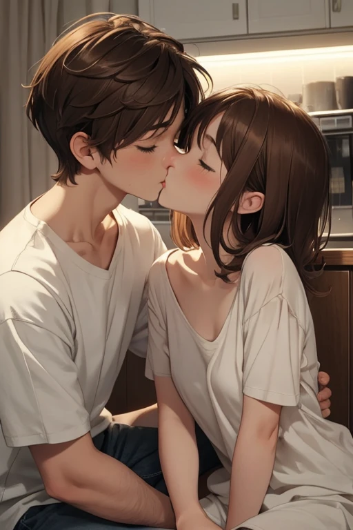 Conceptual Art,Love theme,illustration,1 boy,1 girl,kiss,Hetero,Brown hair,Close your eyes,topless male,shy,ผมlong,sit, collarbone ,pair,Indoor,Medium hair,cloudy,shirt,Put your hand on someone else. &#39;shoulder.,แขนlong,Put your hand on someone else. &#39;chest.,Short hair, หนุ่มแก๊งค์หล่อกำลังkissเธอ. Lip contact.  pressing her on the bed . มือของชายหนุ่มบีบเค้นchestหญิงสาว,  swallows getting penetrated , Vagina, womb, Spread your legs, Male genitalia, Full hard , big, long,  into pretty girl body , half, wail, Erotic,  full passion ..  night bedroom . Digital Anime Art. avatar. Naked body. Anime Figure. Erotic asthetics vibe.  full desire .