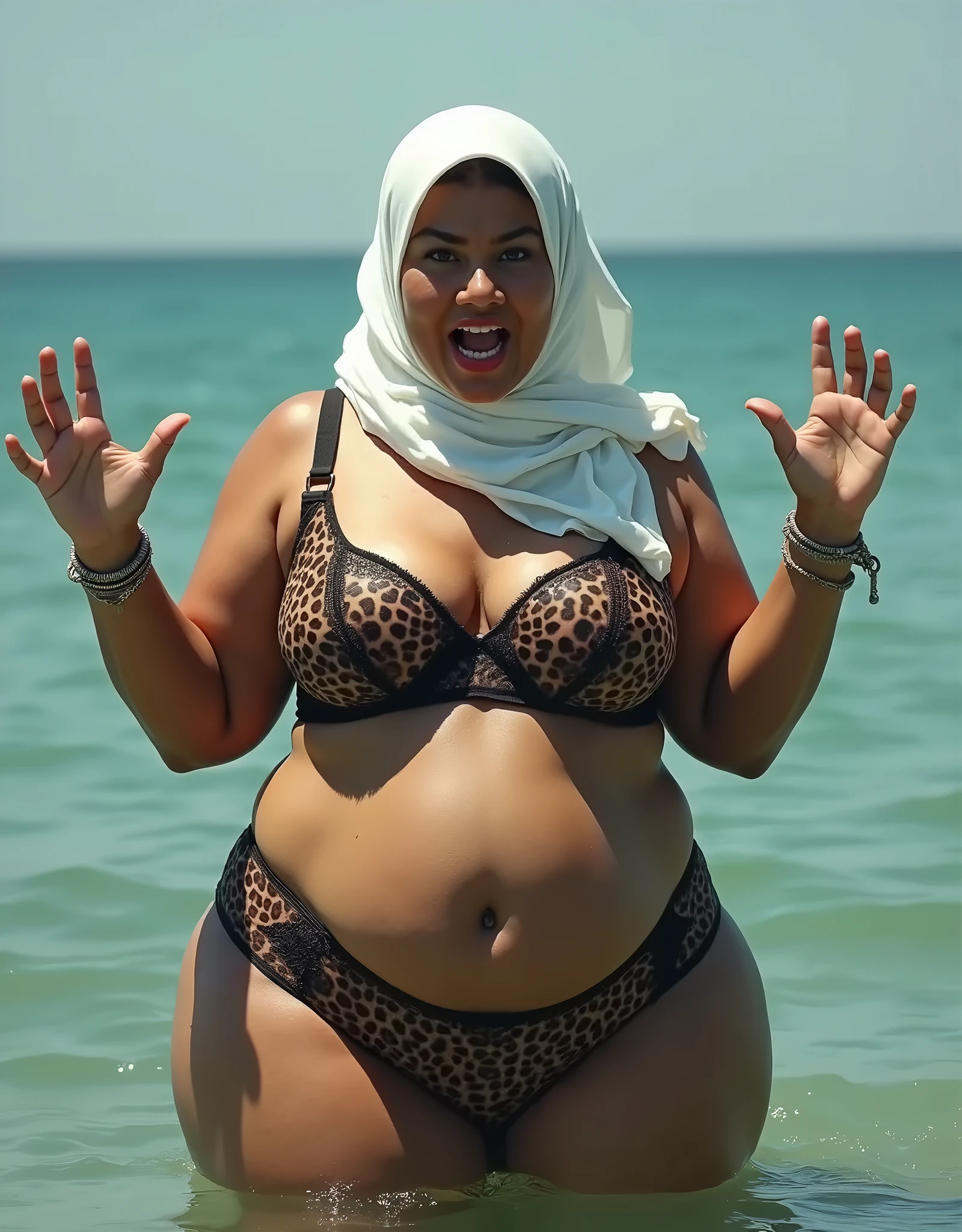 malaysian woman in a black bikini in the ocean with her hands on her head, in bikini, in a bikini, black bikini, wearing a short hijab, plain short hijab curvy hourglass figure, hourglass figure, curvy figure, bikini, bikini model, curvy body, wet swimsuit, wide hips, voluptuous figure, curvy model, wearing leather bikini, widest hips, at the beach