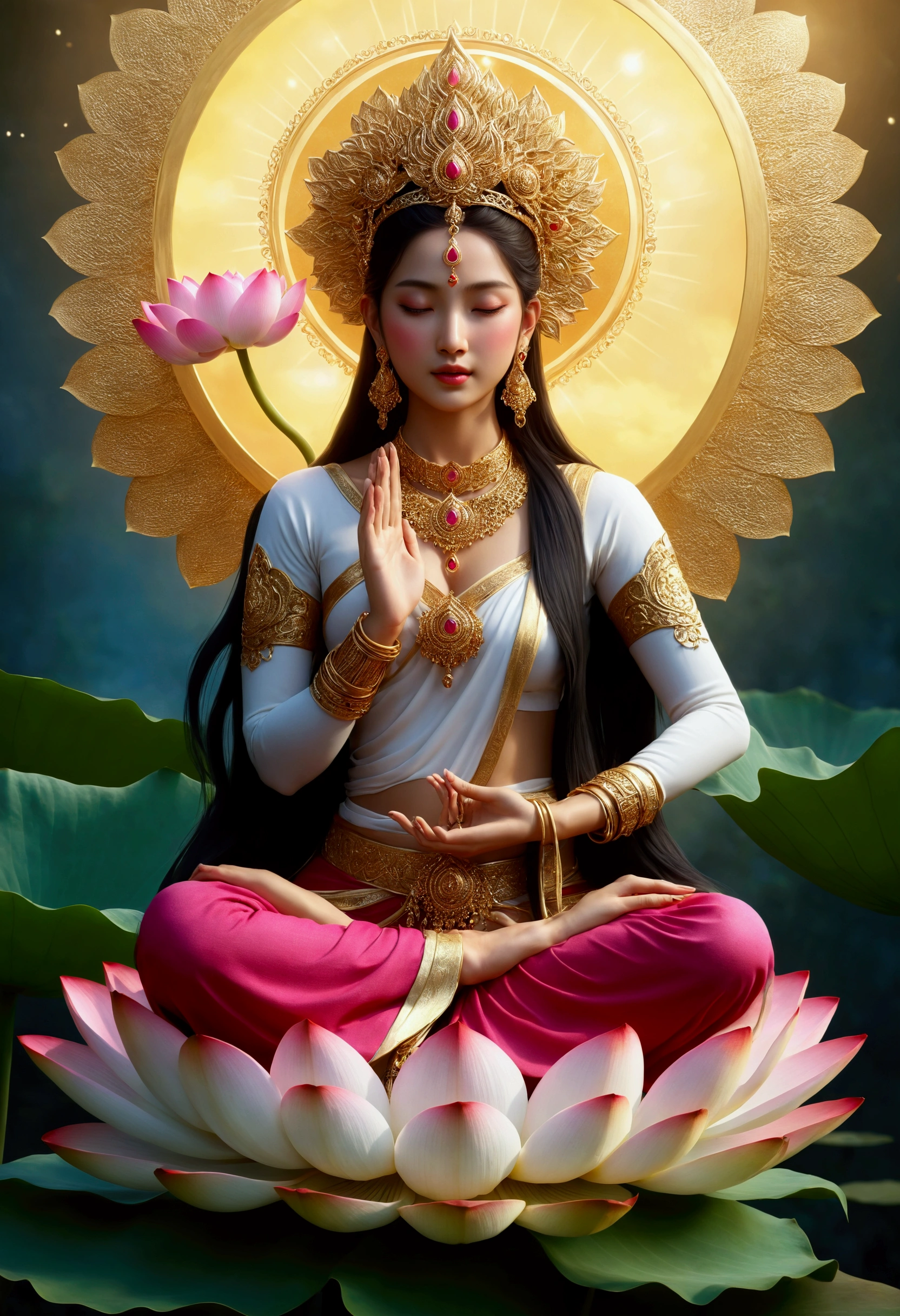 masterpiece, ultra high resolution,Beautiful Indian goddess holding a lotus ,Hand palm up， open your eyes ，Look at the audience,crown,Jewelry璎珞挂满身体，choker necklace,Yingluo,Jewelry,White clothes,There is a circular light in the background of the head,Blue sky,  flat background , clean picture , pure blue sky,Very high detail,Perfect goddess, golden light shines above her head ,Light Solutionalestic, professional photography ， ultra high resolution，  best quality ， Light Solution， 8K， （Realism： 1.2）， Satisfied Female Bodhisattva （Halo：1.2），Gold headdress，，masterpiece， best quality ， intricate detail ，3D light ，magic， God of Light ， Detailed Specifications，Depth of Field，high，Concept Art，Smoothness，Clarify the focus，high详细的艺术，cinematic ligh，8K，（ Highly Detailed Art ：1.2）  Woman sitting on a lotus flower holding a lotus flower in her hand, （（ pink lotus ）），