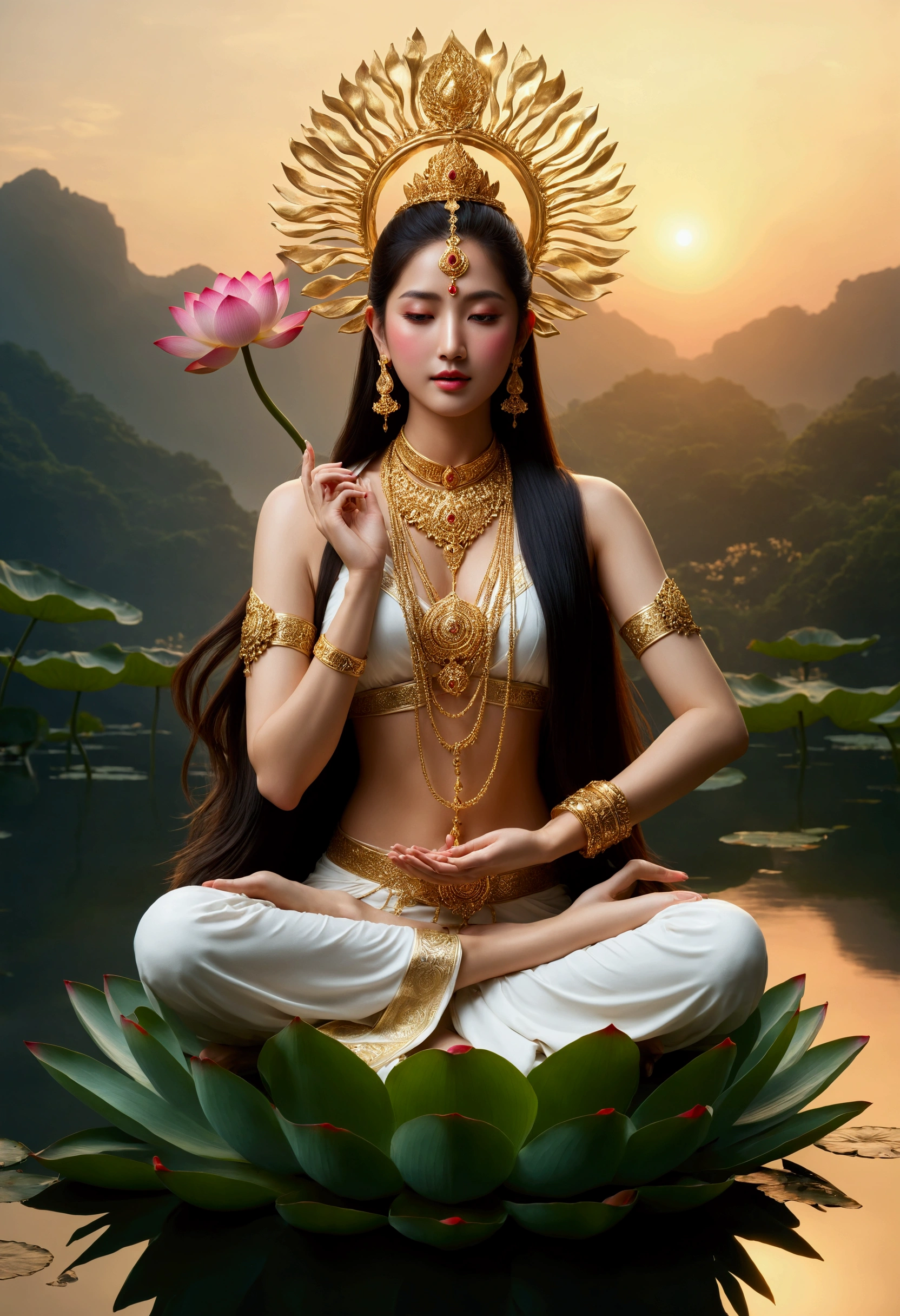 masterpiece, ultra high resolution,Beautiful Indian goddess holding a lotus ,Hand palm up， open your eyes ，Look at the audience,crown,Jewelry璎珞挂满身体，choker necklace,Yingluo,Jewelry,White clothes,There is a circular light in the background of the head,Blue sky,  flat background , clean picture , pure blue sky,Very high detail,Perfect goddess, golden light shines above her head ,Light Solutionalestic, professional photography ， ultra high resolution，  best quality ， Light Solution， 8K， （Realism： 1.2）， Satisfied Female Bodhisattva （Halo：1.2），Gold headdress，，masterpiece， best quality ， intricate detail ，3D light ，magic， God of Light ， Detailed Specifications，Depth of Field，high，Concept Art，Smoothness，Clarify the focus，high详细的艺术，cinematic ligh，8K，（ Highly Detailed Art ：1.2）  Woman sitting on a lotus flower holding a lotus flower in her hand, （（ pink lotus ）），