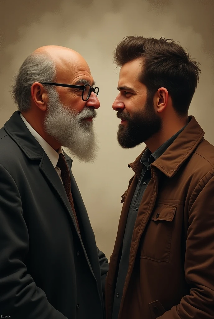 The young rich man, with a small beard and big mustache, looks at the poor old man with concern. He holds a cigar in his mouth, and his lush pent coat contrasts with the poor man's torn shirt. The rich man's red muffler stands out in the dark, cold night. Snow continues to fall heavily, and the icy wind chills the air as the rich man asks the poor old man about feeling cold without warm clothing.