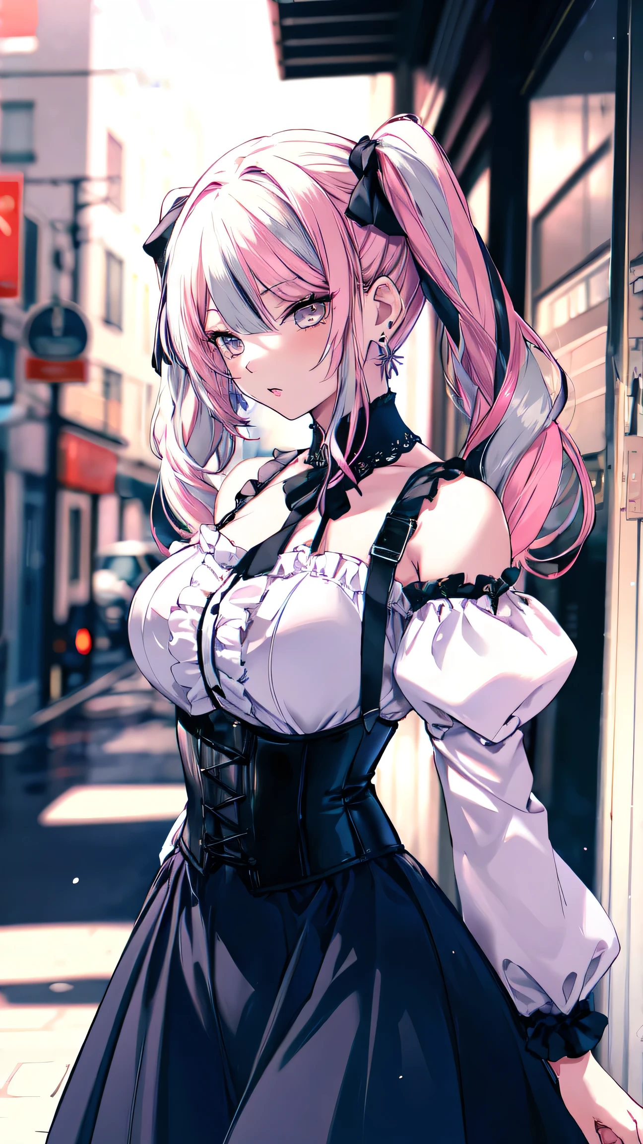 , mature woman,Alone,repair,((bully)), eyeshadow,lip,Glossy eyelashes, Pink Hair, Black Hair , (( two tone hair)), Twin Tail,Earrings, Attention to detail in the decoration, oh,Half an eye,embroidery, corset,  suspender skirt , Frilled Skirt, Off-the-shoulder knit, Extra large size,  roomy clothes , lipニット, Puff sleeves, Long Hair, Curly Hair,From an angle,Dynamic Angle, throw,the above ,(Hand focus),(((Pastel colors))), Wide angle,Walking around the city, bag,