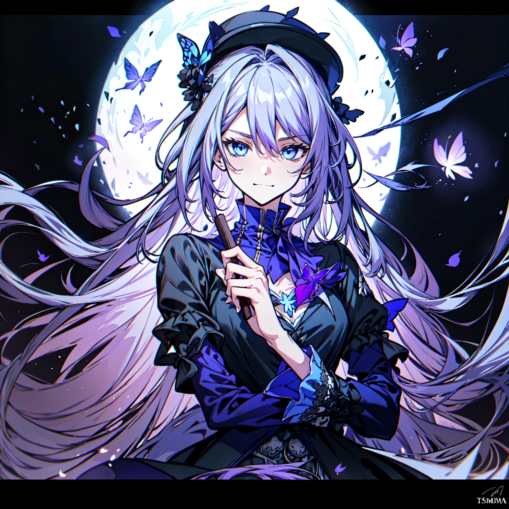 masterpiece, best quality, (detailed anime, video game art, extremely detailed CG unity 8k wallpaper), (best quality), (best illustration), (best shadow), absurdres, realistic lighting, (Abyss), dynamic pose, solo, Depict a gothic anime-style female character with long, flowing ((purple hair:1.1) and silver hair:1.33), styled elegantly with soft waves. She wears a detailed black dress with intricate lace and ribbon accents, evoking a Victorian or gothic-****ta aesthetic. A large, wide-brimmed hat with dark, tattered edges sits on her head, adding to the mysterious allure. A single blue butterfly lands gently near her eye, which is slightly covered by her hair, (emphasizing her crazed and cunning expression, smirk, tsurime:1.22),
BREAK,
In one hand, she holds a delicate black key, while the other gently brushes against a violet butterfly. Surround her with glowing, ethereal butterflies that flutter around her in the dark, adding a mystical and eerie vibe. The background is a haunting forest or abstract dreamscape, filled with deep shadows and delicate, glowing accents, blending reality with the surreal. The color palette is predominantly dark, with deep purples, blacks, and silvery hues, creating an ethereal, hauntingly beautiful atmosphere, (blue eyes, seele_hsr:1.22)