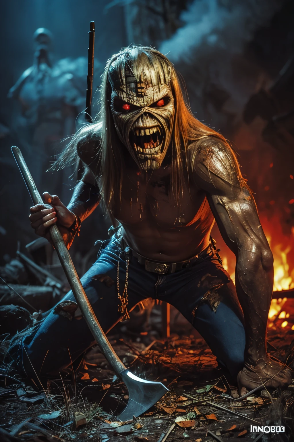 a close up of a person holding a bloody ax in a city, 1 9 8 0's heavy metal album art, iron maiden, Eddie , iron maiden album cover, cheesy iron maiden motifs, metal album cover art, thrash metal, heavy metal artwork, maiden, heavy metal art style, hd wallpaper, angry rotting zombie, by Ignacio Zuloaga. 