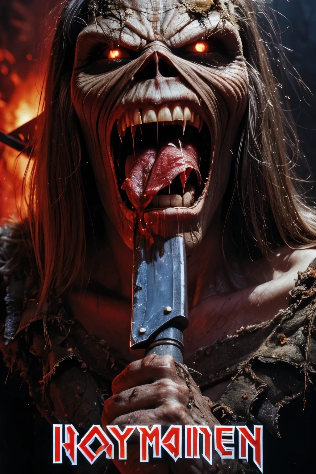 a close up of a person holding a bloody ax in a city, 1 9 8 0's heavy metal album art, iron maiden, Eddie , iron maiden album cover, cheesy iron maiden motifs, metal album cover art, thrash metal, heavy metal artwork, maiden, heavy metal art style, hd wallpaper, angry rotting zombie, by Ignacio Zuloaga. 