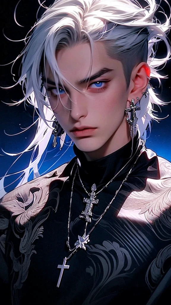 silber hair、White hair、Deities々Please wear a new aura、wear cross earrings、Cross Accessories、gazing at viewer、have a cross、wearing robe、Blue eyes、Wearing a blue aura、With crosstantastic background、Cute guy、Best image、​masterpiece、Fantastical、