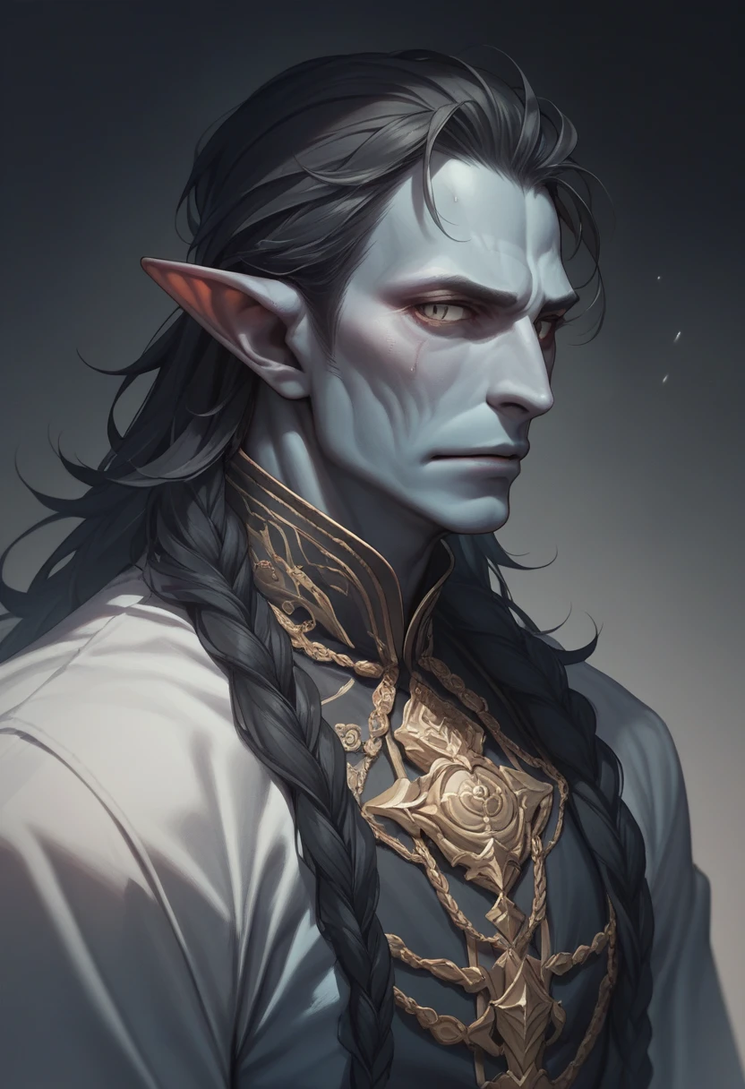 A handsome rakshasa of Indian mythology light blue skin pointy ear long black hair upper body short dark background