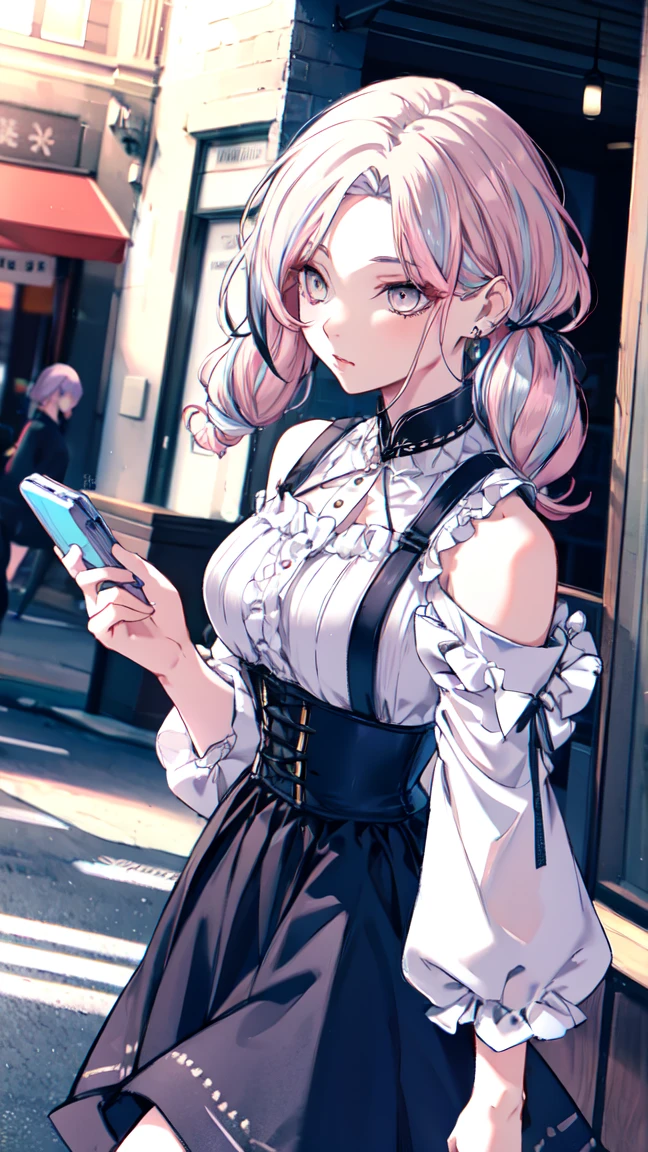  mature woman,Alone,repair,((bully)), eyeshadow,lip,Glossy eyelashes, Pink Hair, Black Hair , (( two tone hair)), Twin Tail,Earrings, Attention to detail in the decoration, oh,Half an eye,embroidery, corset,  suspender skirt , Frilled Skirt, Off-the-shoulder knit, Extra large size,  roomy clothes , lipニット, Puff sleeves, Long Hair, Curly Hair,From an angle,Dynamic Angle, throw,the above ,(Hand focus),(((Pastel colors))), Wide angle,Walking around the city, bag,