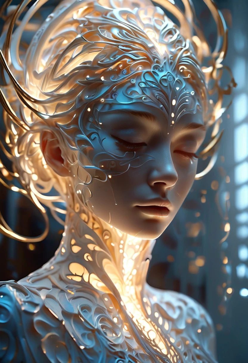  The epic cinematic footage of the dynamic Midjourney  , Mike , midjourney style, Realism, Movie quality, Playing with light, Gradient, glow,   A stunning intricate sculpture ， The pattern appears to float and rotate around the woman's central face with her eyes closed.   is mostly white or light in color ， to highlight fine details  .   uses sporty motifs to create dynamic effects  .  is the main theme of this high-budget action movie . RAW photo, Motion Blur.  are of the best quality,  High Resolution