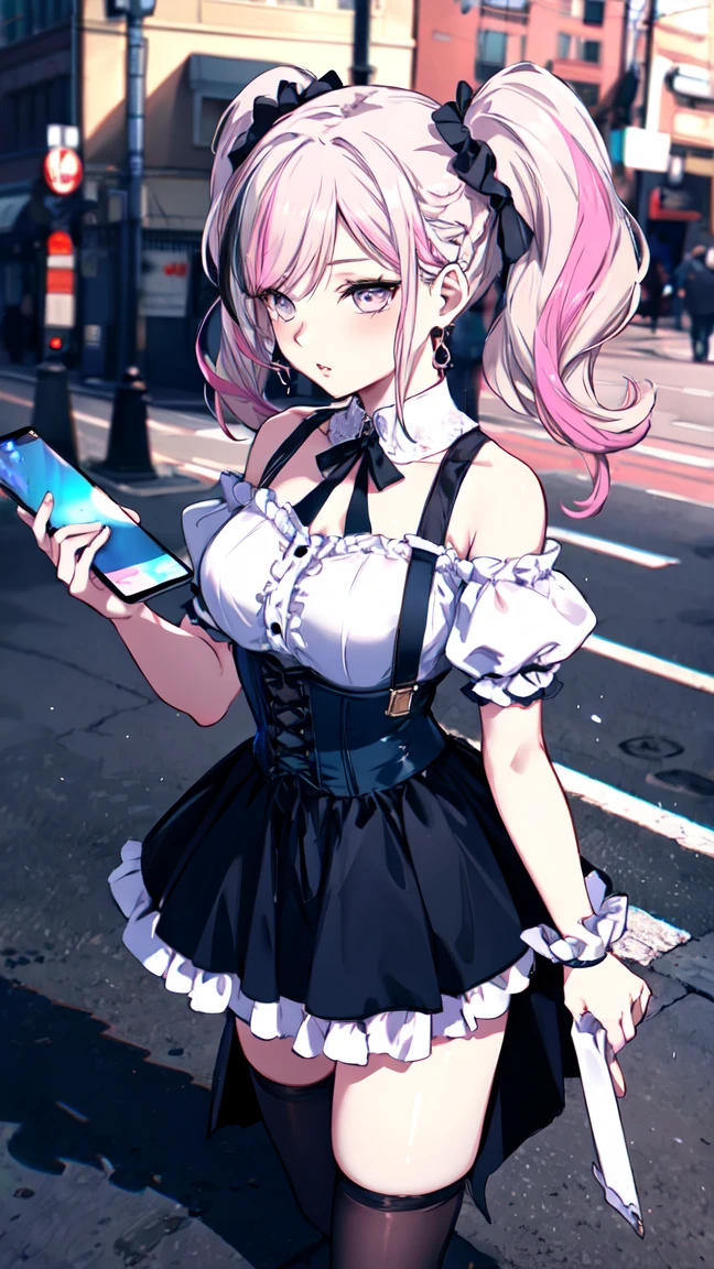  mature woman,Alone,repair,((bully)), eyeshadow,lip,Glossy eyelashes, Pink Hair, Black Hair , (( two tone hair)), Twin Tail,Earrings, Attention to detail in the decoration, oh,Half an eye,embroidery, corset,  suspender skirt , Frilled Skirt, Off-the-shoulder knit, Extra large size,  roomy clothes , lipニット, Puff sleeves, Long Hair, Curly Hair,From an angle,Dynamic Angle, throw,the above ,(Hand focus),(((Pastel colors))), Wide angle,Walking around the city, Smartphone