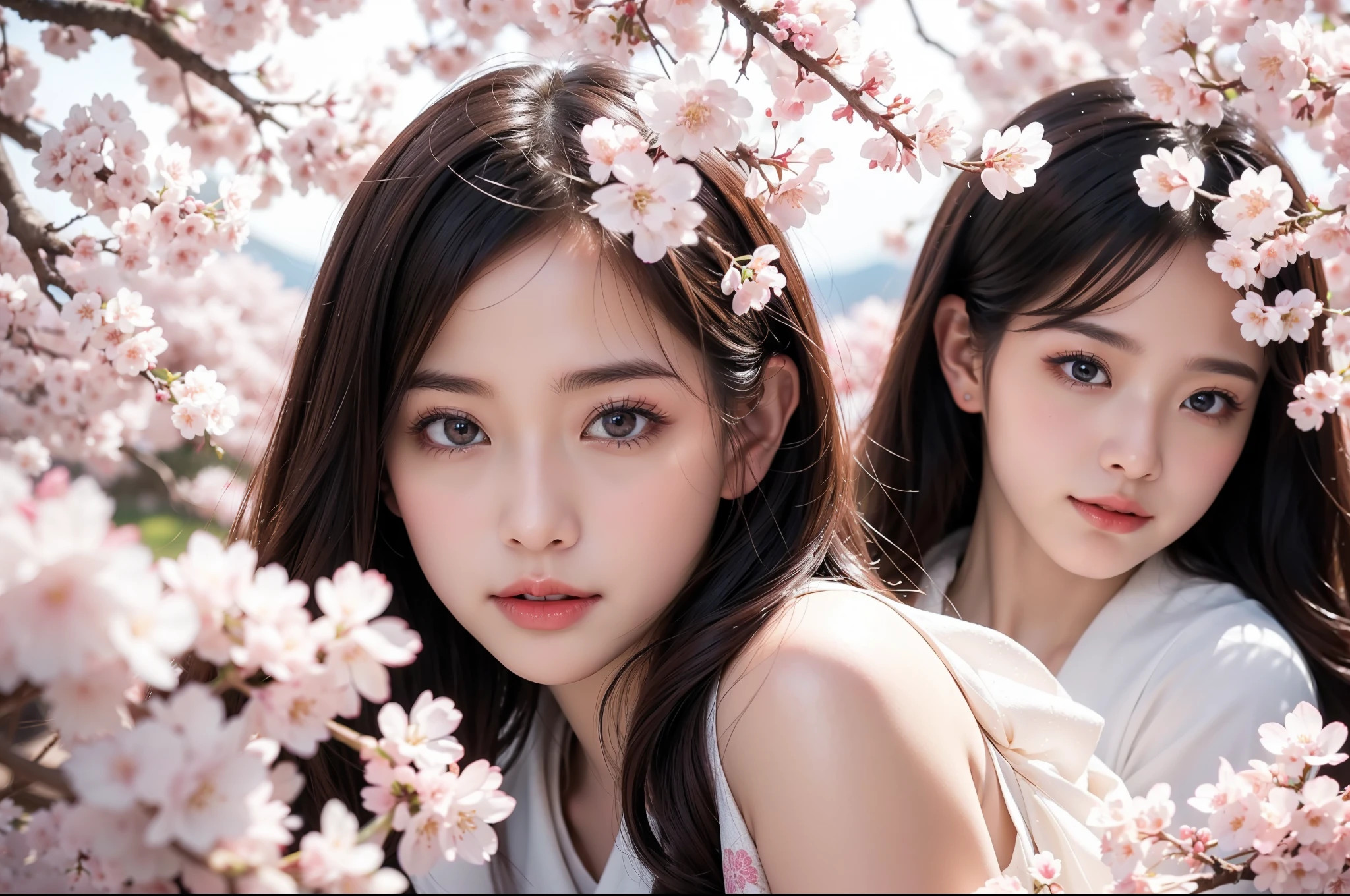 masterpiece, 4k, Bokeh, beautiful face, (multiple girls:1.4), Harem, group photo, Cat ear, medium bob hair, Pink , looking at the viewer, cherry blossoms, Upper body shot,