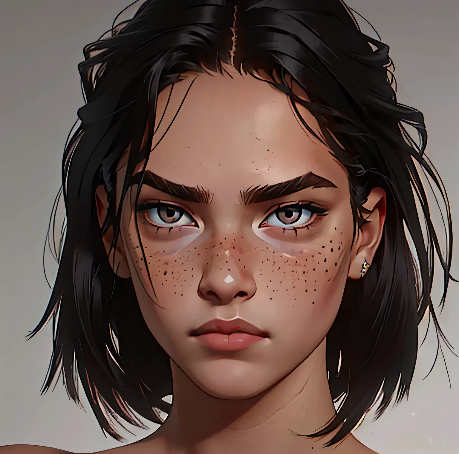 a young woman, white and clear skin, small dark eyes, very dark and straight medium black hair, beautiful and perfect face, pink and fleshy mouth, square face, thin eyebrows, small changes, serious face with freckles