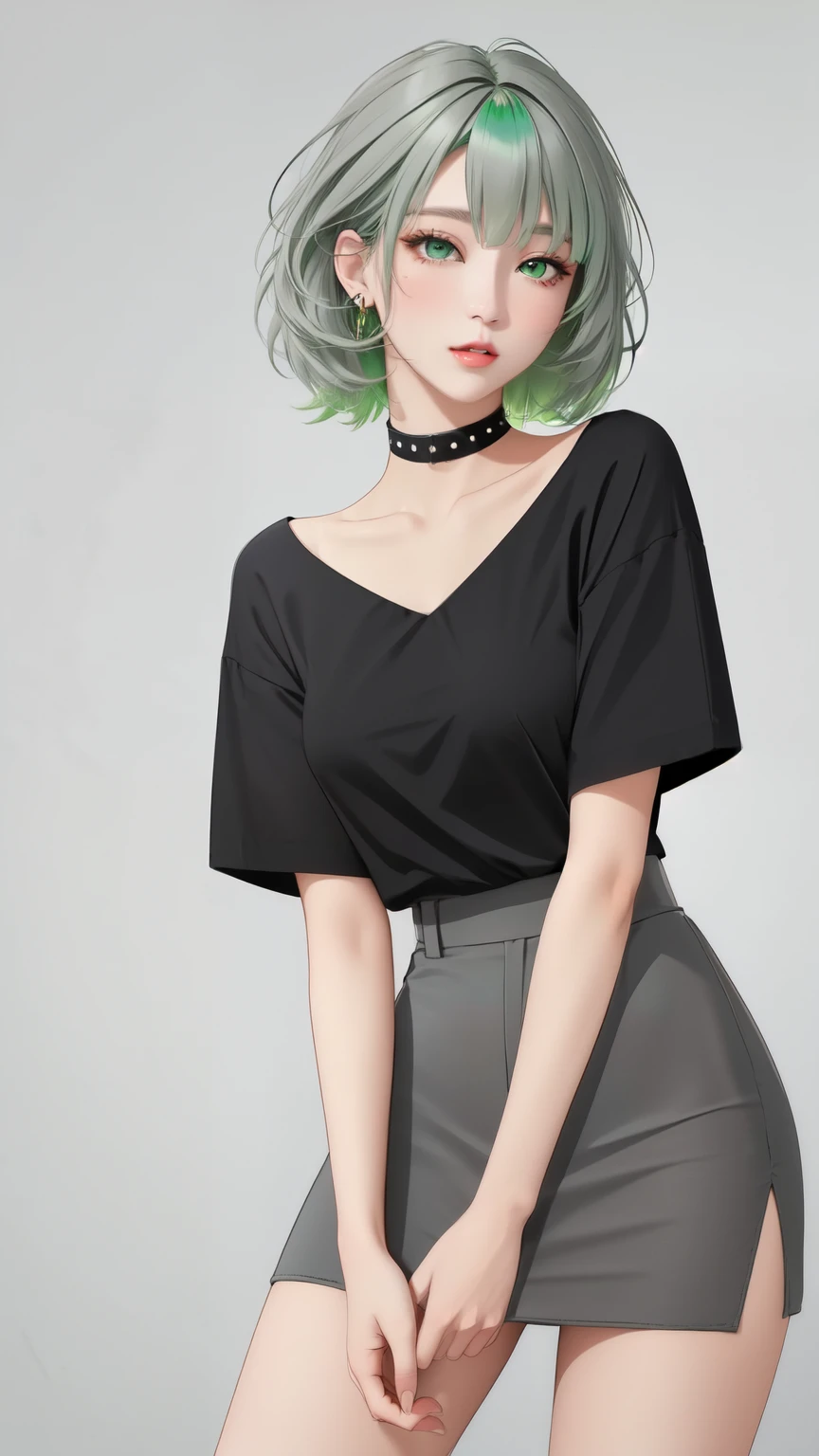 woman　 Rock Outfit　punk　Image Color　green　Grey Hair　Slit eyes　 standing above the knee　Black clothing　green色のアクセサリー　Green Eyes　No background　Beautiful face